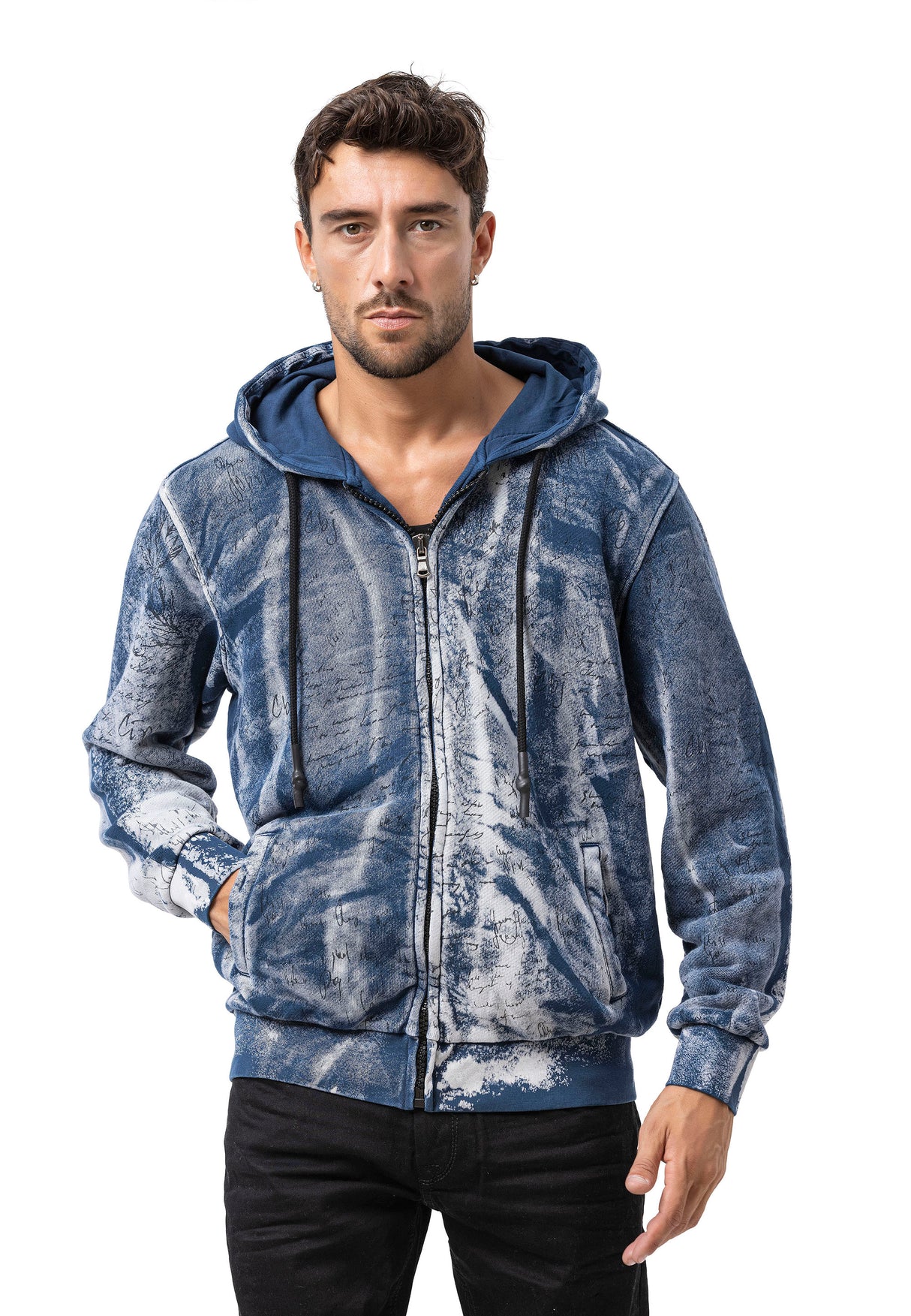 CL594 Homme Hoodie Sweat-shirt – Sweat à capuche noir-bleu avec tie-dye & imprimé « 96 » | Streetwear avec flair rétro & déclaration de marque