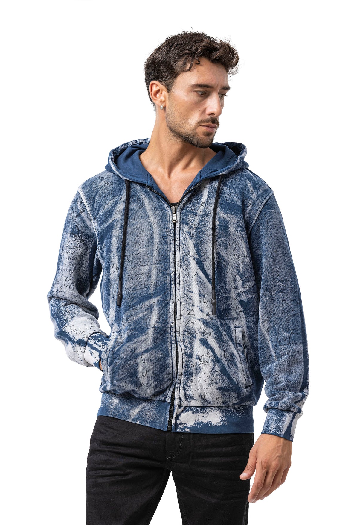CL594 Homme Hoodie Sweat-shirt – Sweat à capuche noir-bleu avec tie-dye & imprimé « 96 » | Streetwear avec flair rétro & déclaration de marque