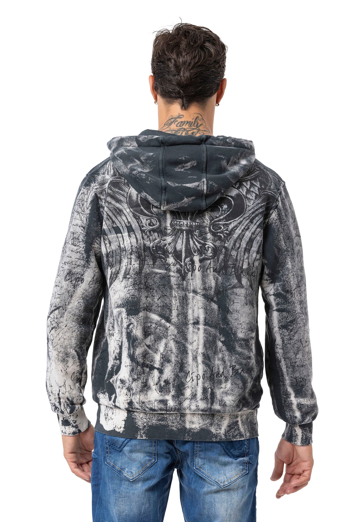 CL594 Homme Hoodie Sweat-shirt – Sweat à capuche noir-bleu avec tie-dye & imprimé « 96 » | Streetwear avec flair rétro & déclaration de marque