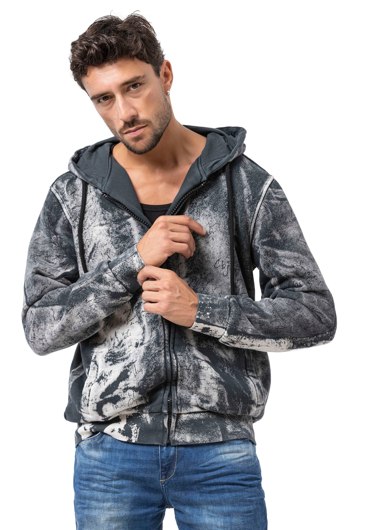CL594 Homme Hoodie Sweat-shirt – Sweat à capuche noir-bleu avec tie-dye & imprimé « 96 » | Streetwear avec flair rétro & déclaration de marque