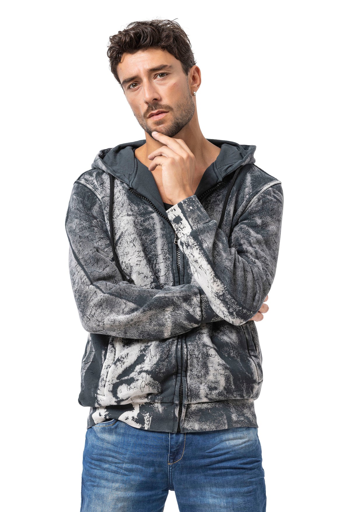 CL594 Homme Hoodie Sweat-shirt – Sweat à capuche noir-bleu avec tie-dye & imprimé « 96 » | Streetwear avec flair rétro & déclaration de marque