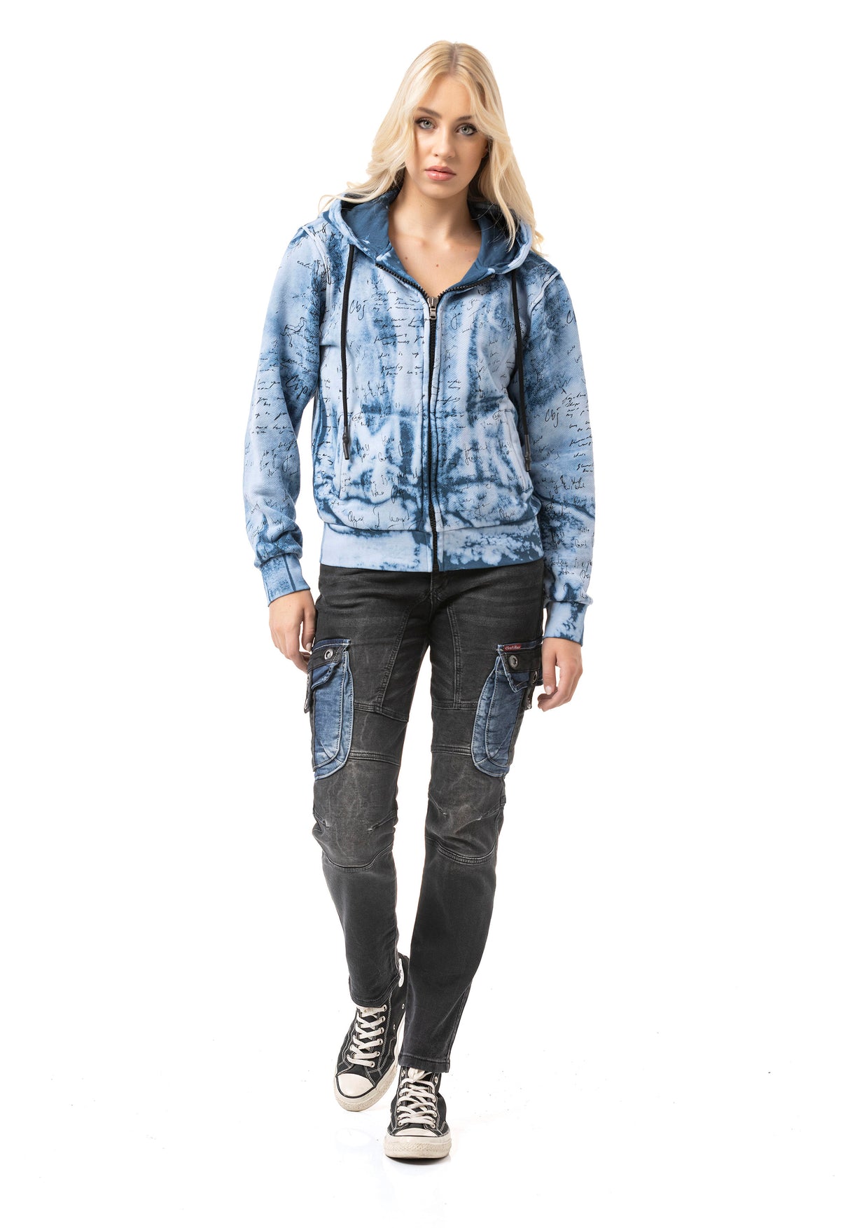 WL379 Women hooded sweatshirt jacket – zip hoodie with tie-dye pattern & back print | oversized streetwear with pockets & drawstring