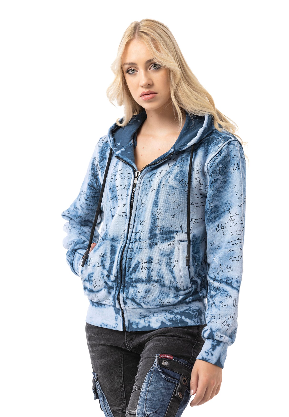 WL379 Damen Kapuzen Sweatjacke – Zip-Hoodie mit Tie-Dye Muster & Rückenprint | Oversized Streetwear mit Taschen & Tunnelzug