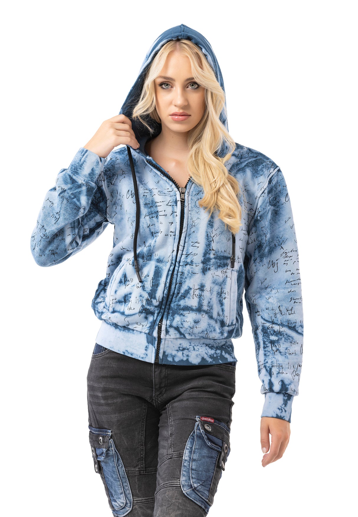 WL379 Damen Kapuzen Sweatjacke – Zip-Hoodie mit Tie-Dye Muster & Rückenprint | Oversized Streetwear mit Taschen & Tunnelzug