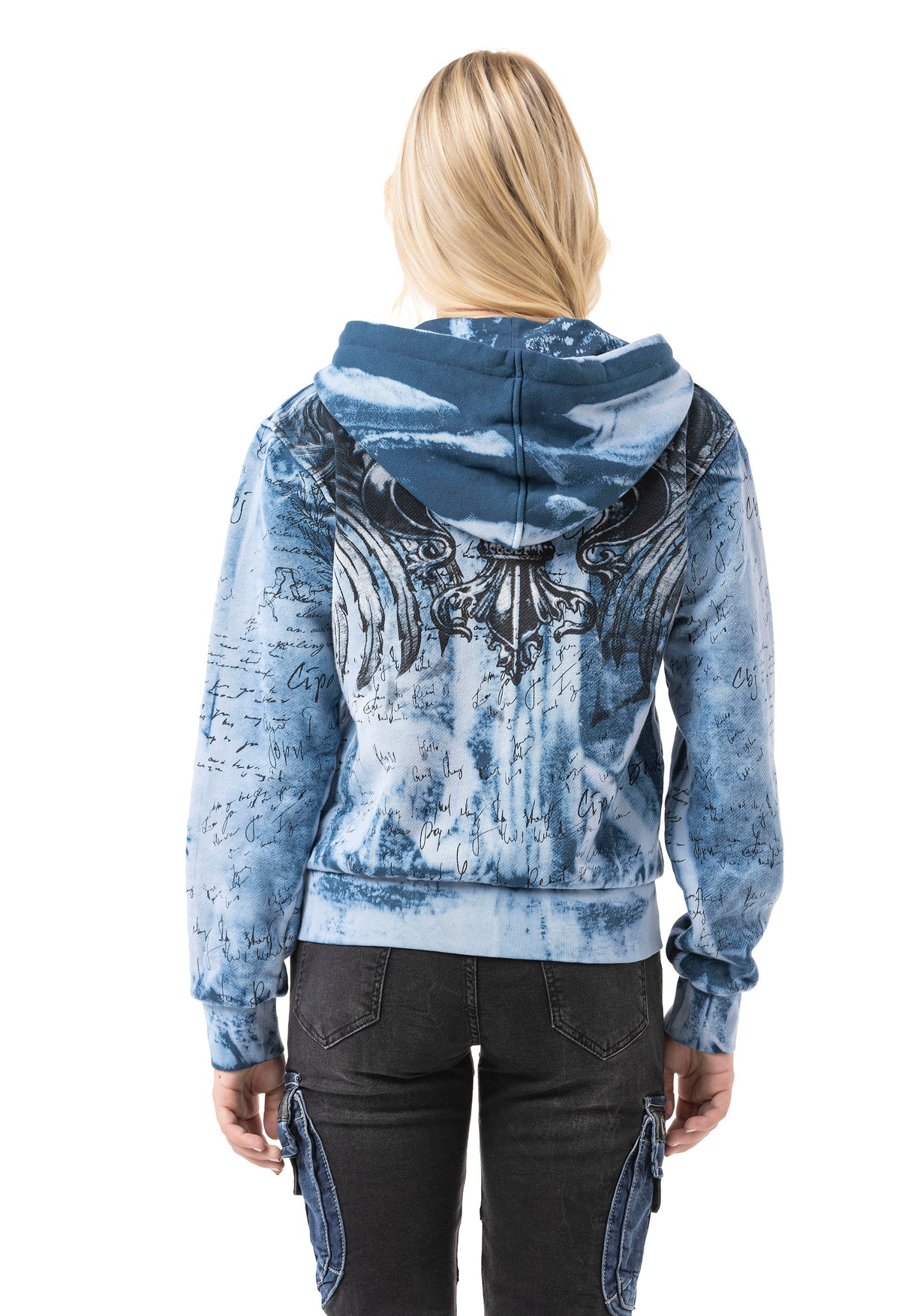 WL379 Damen Kapuzen Sweatjacke – Zip-Hoodie mit Tie-Dye Muster & Rückenprint | Oversized Streetwear mit Taschen & Tunnelzug