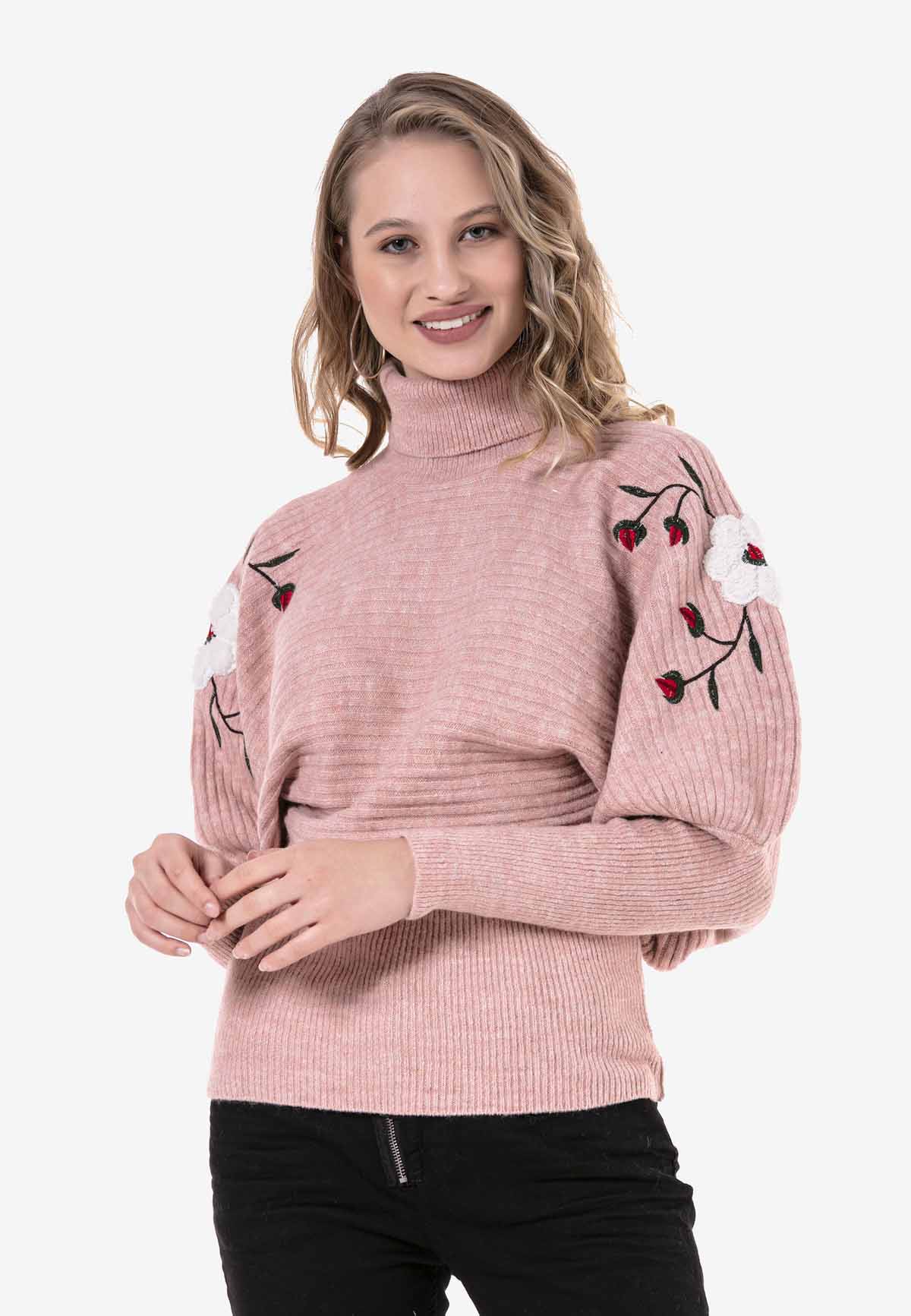 WP216 sweter damski z haftem kwiatowym