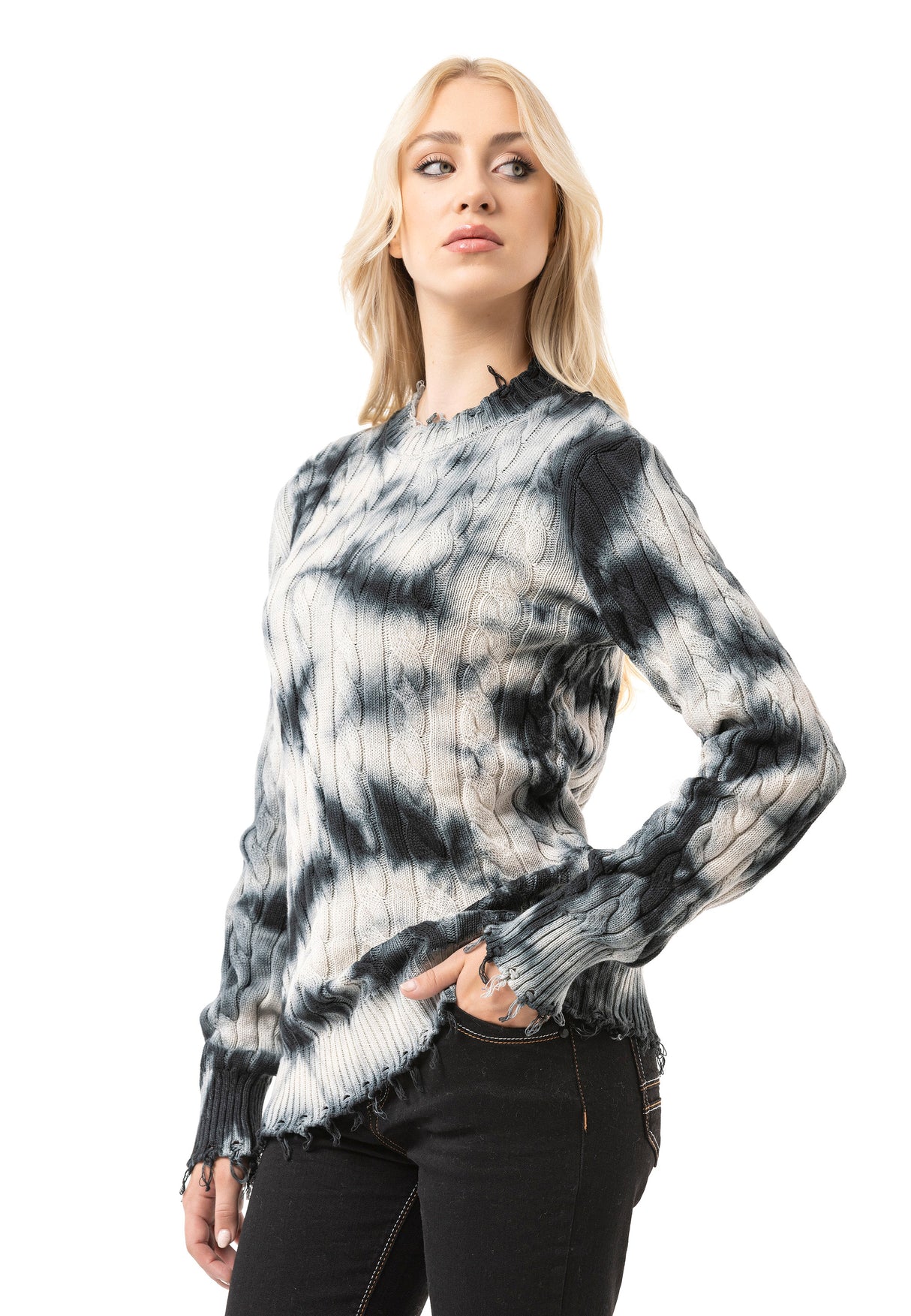 WP268 Pull en maille pour femme – Pull à motif tie-dye et structure côtelée | Look casual moderne pour tous les jours et streetwear