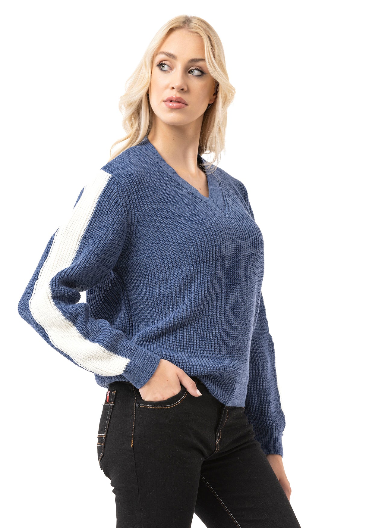 Pull en maille pour femme WP260 – Pull à col en V avec structure côtelée et détails rayés sur les manches | Look décontracté intemporel pour le quotidien et les loisirs