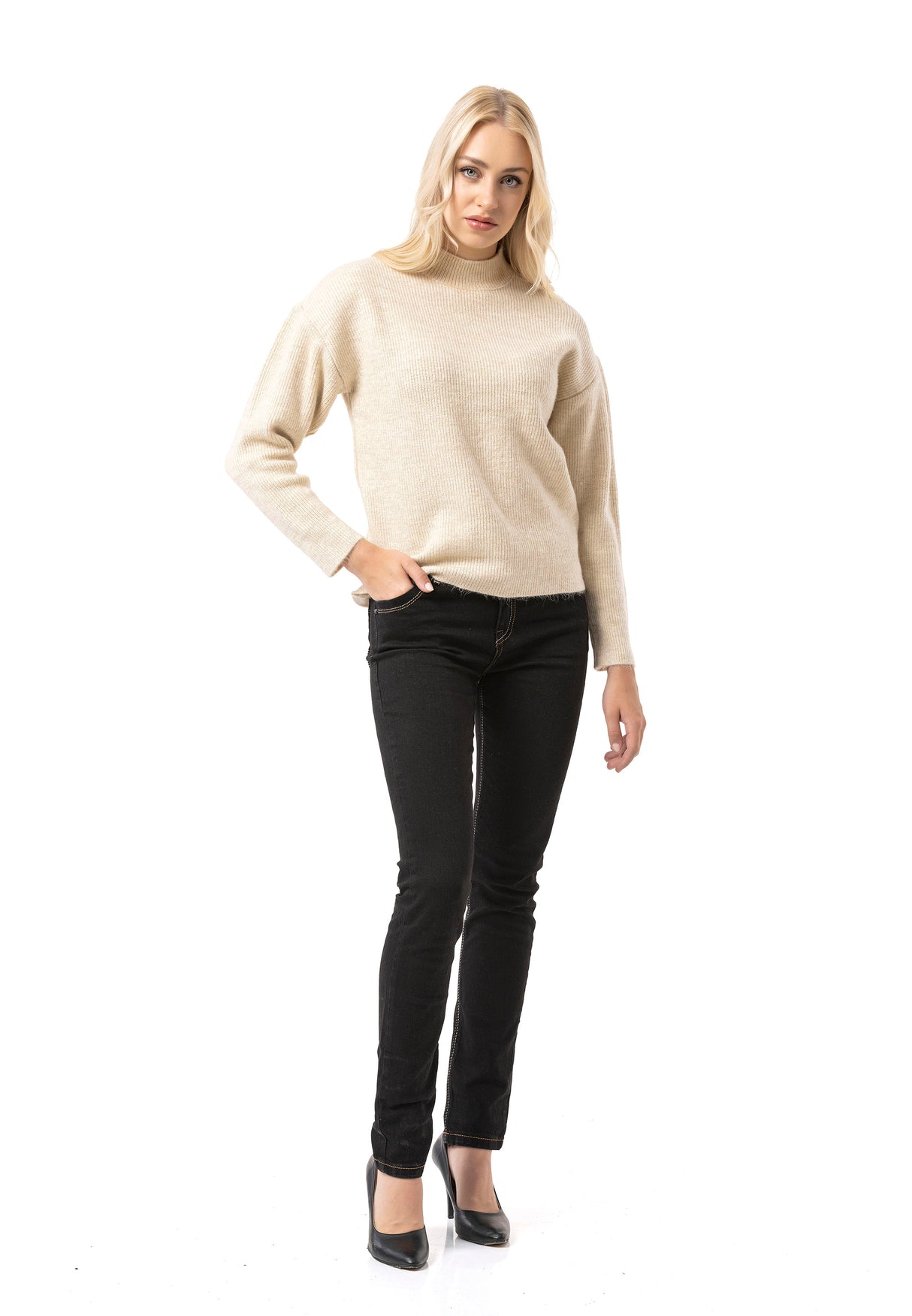 WP262 Pull en maille pour femme – Pull côtelé à col montant et coupe décontractée | Look casual intemporel pour le quotidien et les entre-saisons