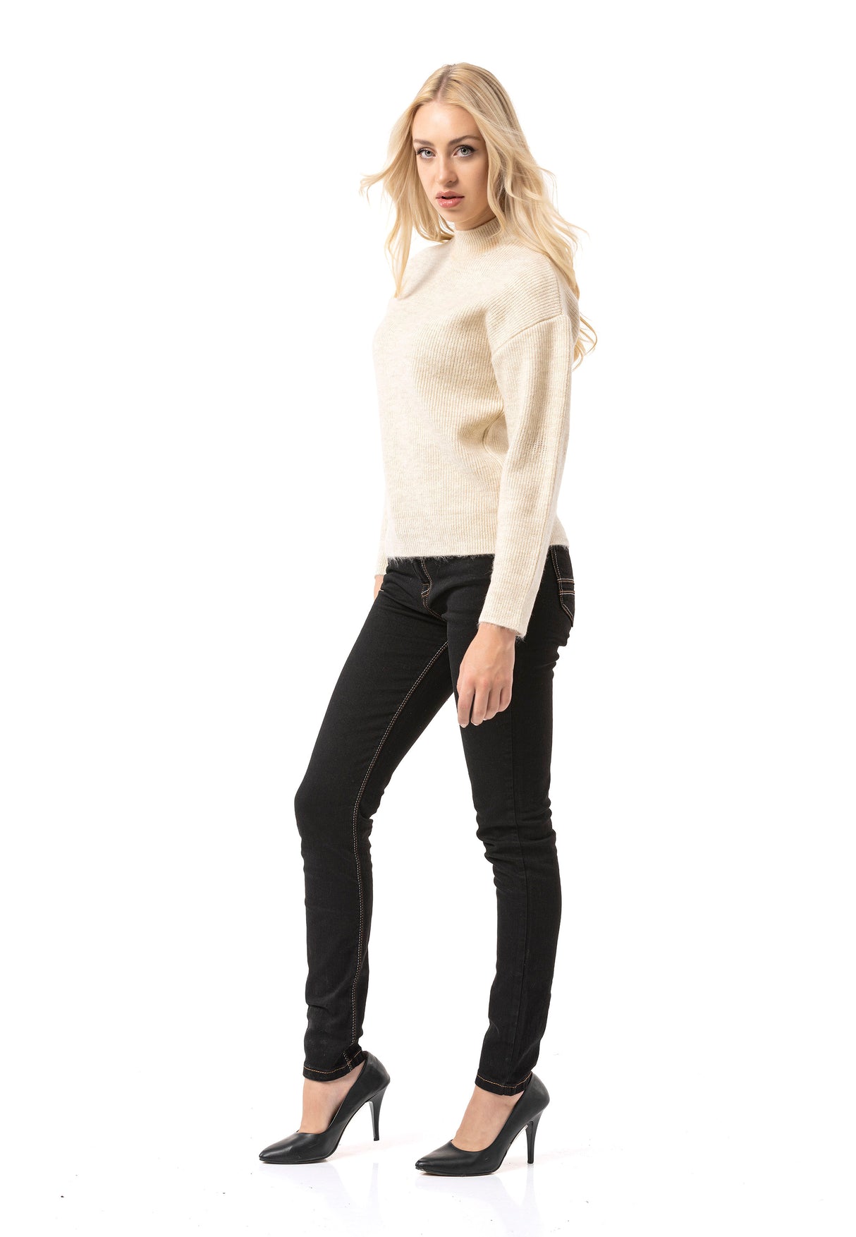 WP262 Pull en maille pour femme – Pull côtelé à col montant et coupe décontractée | Look casual intemporel pour le quotidien et les entre-saisons