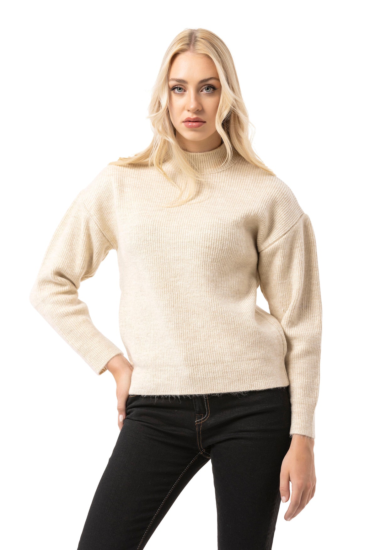 WP262 Pull en maille pour femme – Pull côtelé à col montant et coupe décontractée | Look casual intemporel pour le quotidien et les entre-saisons