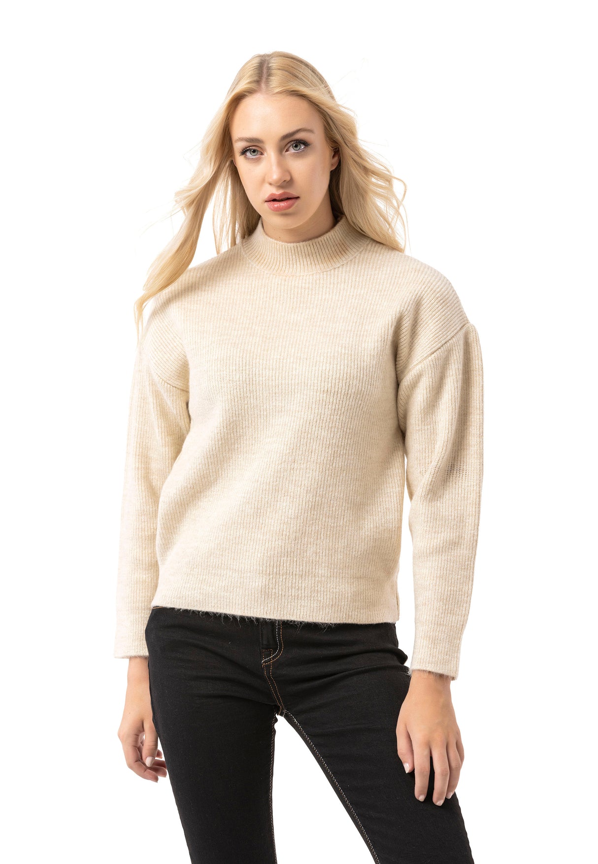 WP262 Pull en maille pour femme – Pull côtelé à col montant et coupe décontractée | Look casual intemporel pour le quotidien et les entre-saisons