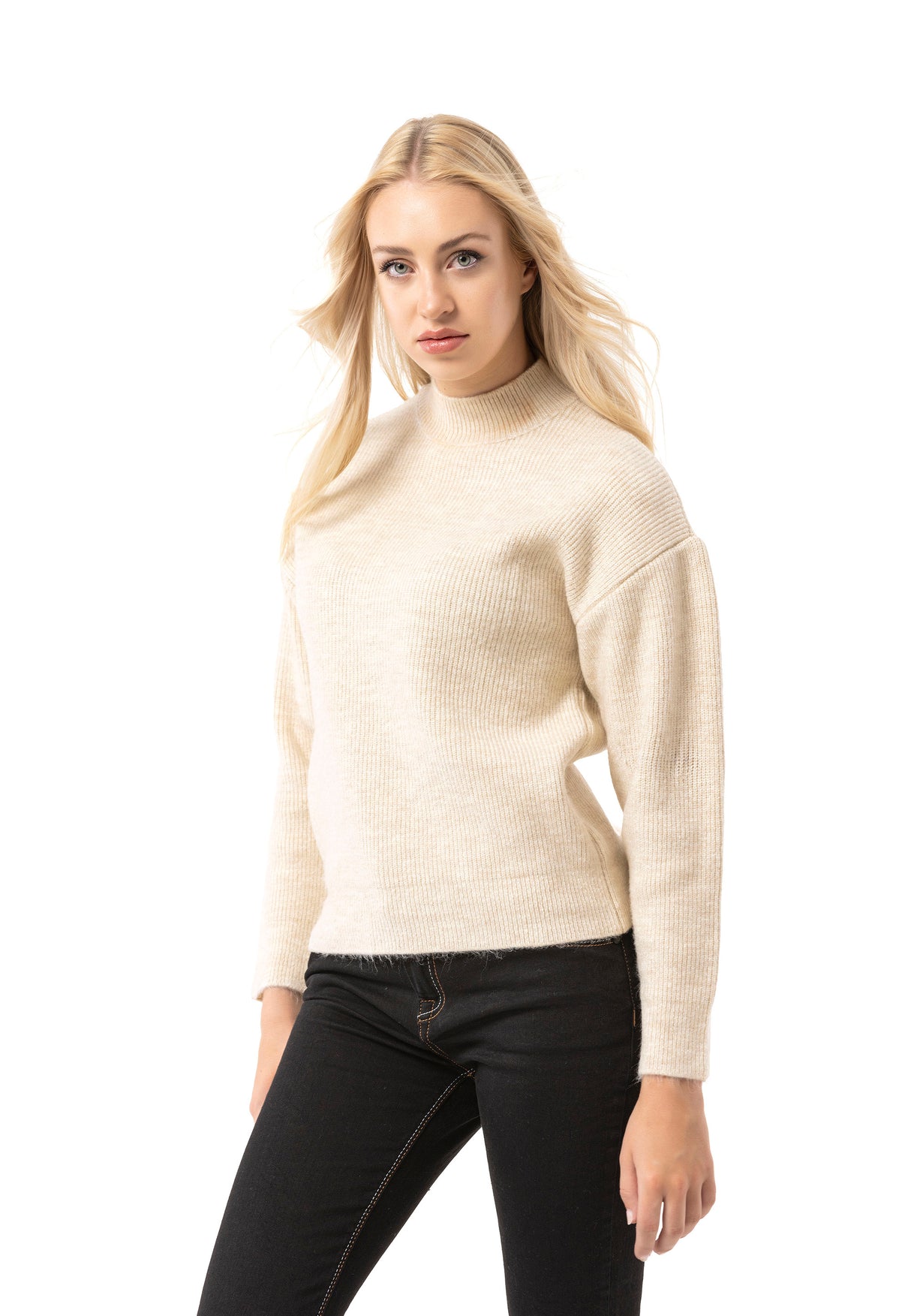 WP262 Pull en maille pour femme – Pull côtelé à col montant et coupe décontractée | Look casual intemporel pour le quotidien et les entre-saisons