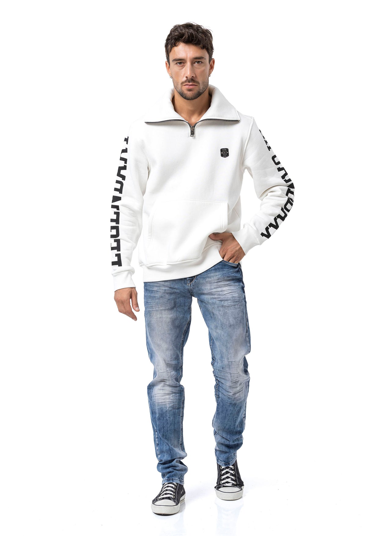 CL605 Herren Sweatshirt mit Reißverschlusskragen – Schwarzer Half-Zip Pullover mit „LEGENDARY“-Ärmelprint & Brustlogo | Sportlicher Streetwear-Look für Alltag & Freizeit