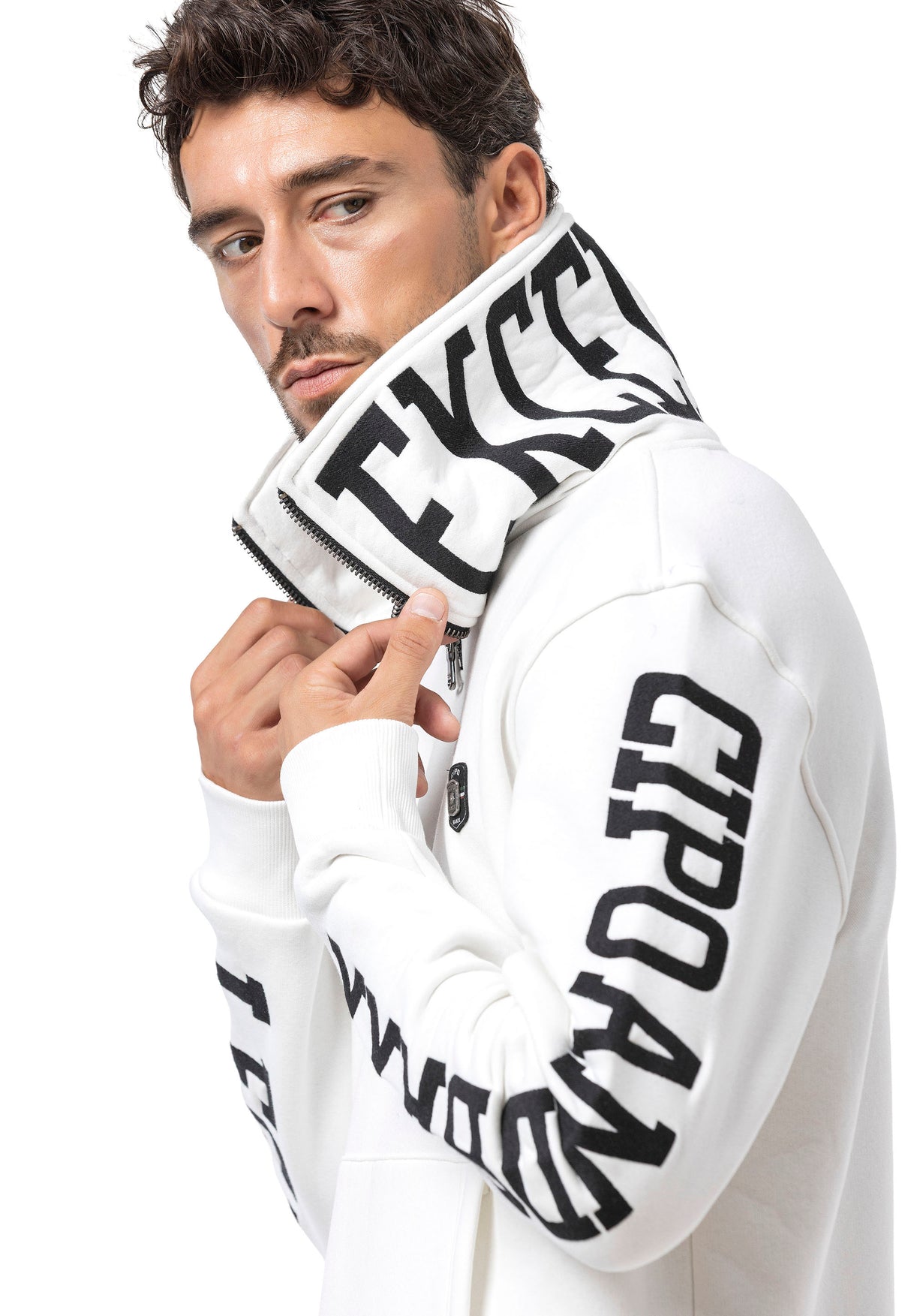 CL605 Herren Sweatshirt mit Reißverschlusskragen – Schwarzer Half-Zip Pullover mit „LEGENDARY“-Ärmelprint & Brustlogo | Sportlicher Streetwear-Look für Alltag & Freizeit