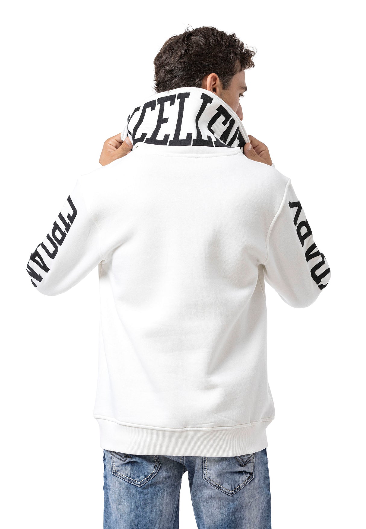 CL605 Herren Sweatshirt mit Reißverschlusskragen – Schwarzer Half-Zip Pullover mit „LEGENDARY“-Ärmelprint & Brustlogo | Sportlicher Streetwear-Look für Alltag & Freizeit
