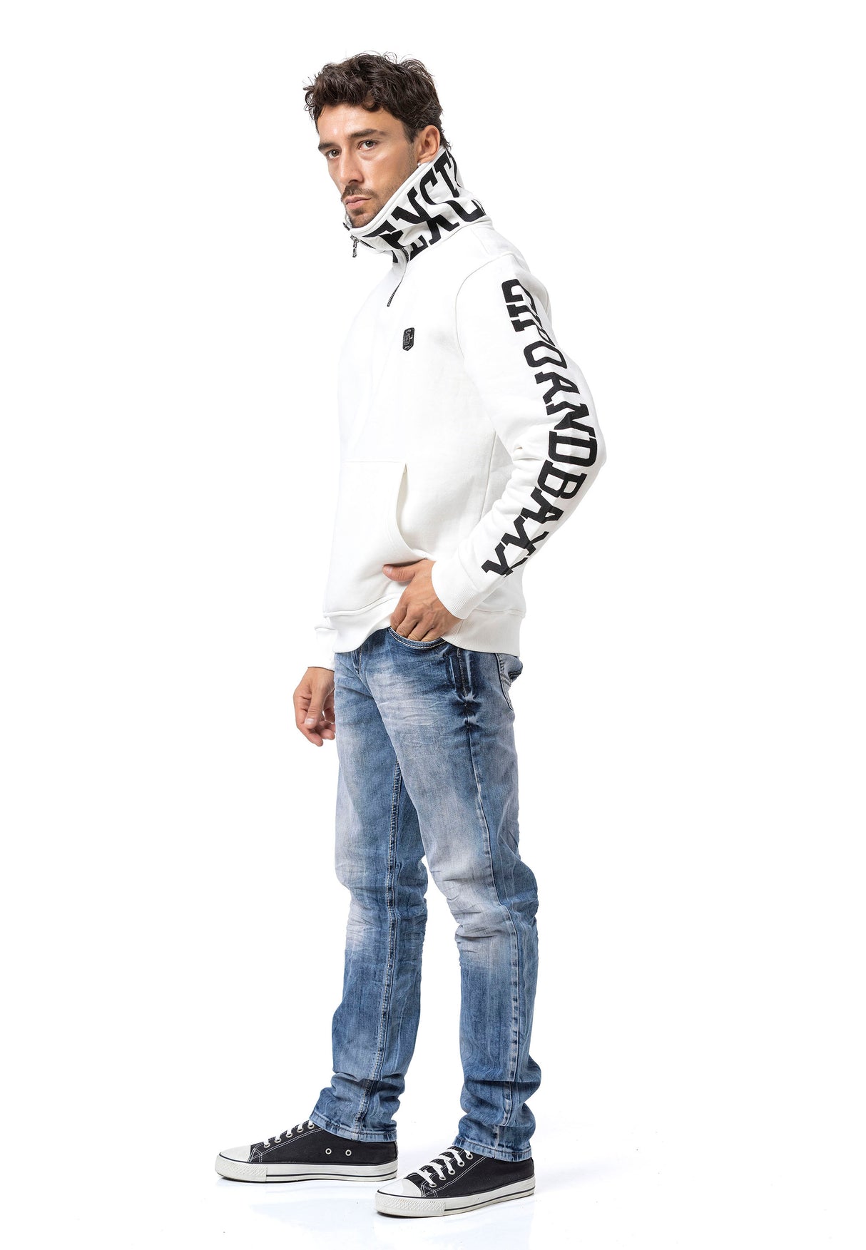 CL605 Herren Sweatshirt mit Reißverschlusskragen – Schwarzer Half-Zip Pullover mit „LEGENDARY“-Ärmelprint & Brustlogo | Sportlicher Streetwear-Look für Alltag & Freizeit