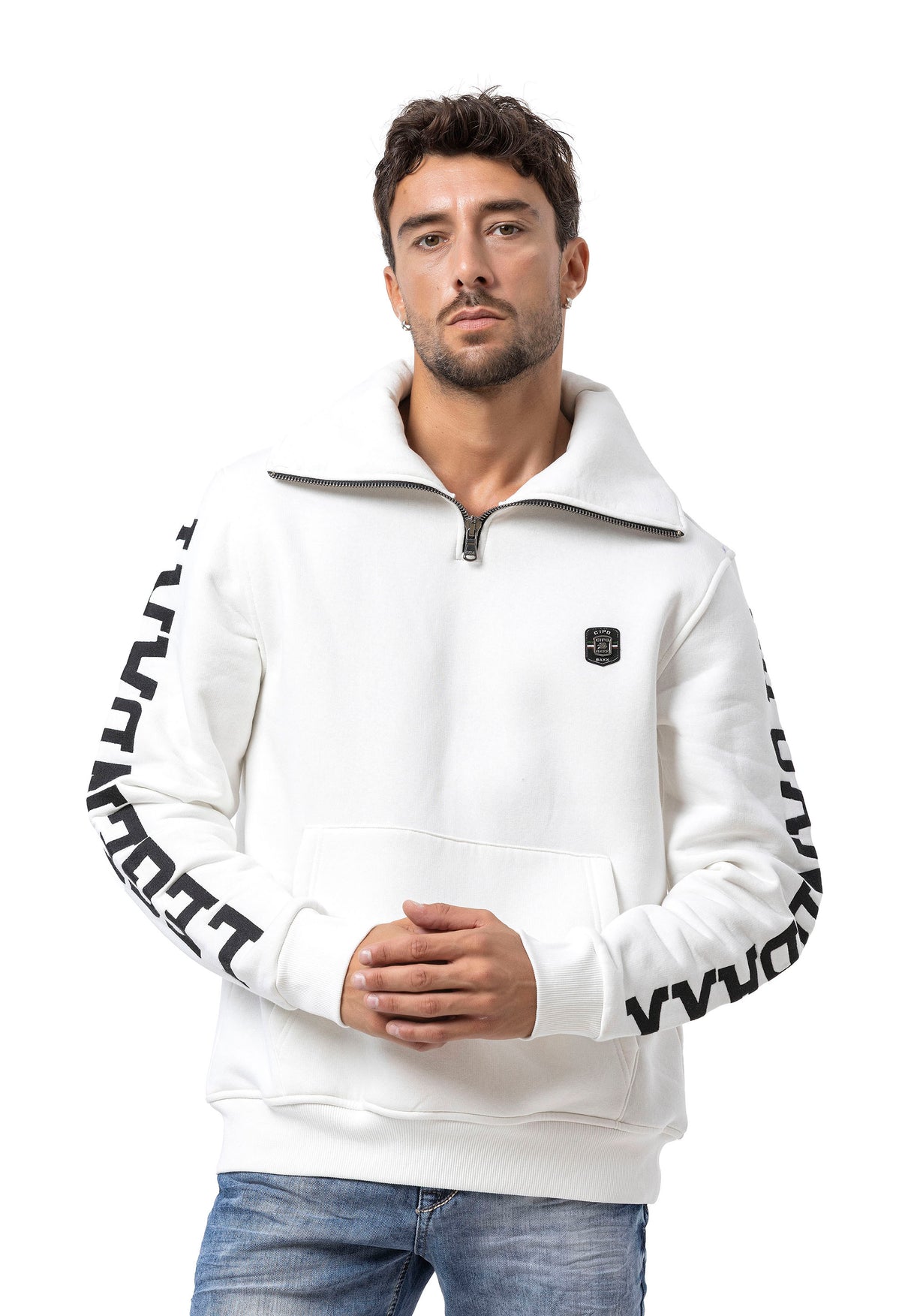 CL605 Herren Sweatshirt mit Reißverschlusskragen – Schwarzer Half-Zip Pullover mit „LEGENDARY“-Ärmelprint & Brustlogo | Sportlicher Streetwear-Look für Alltag & Freizeit
