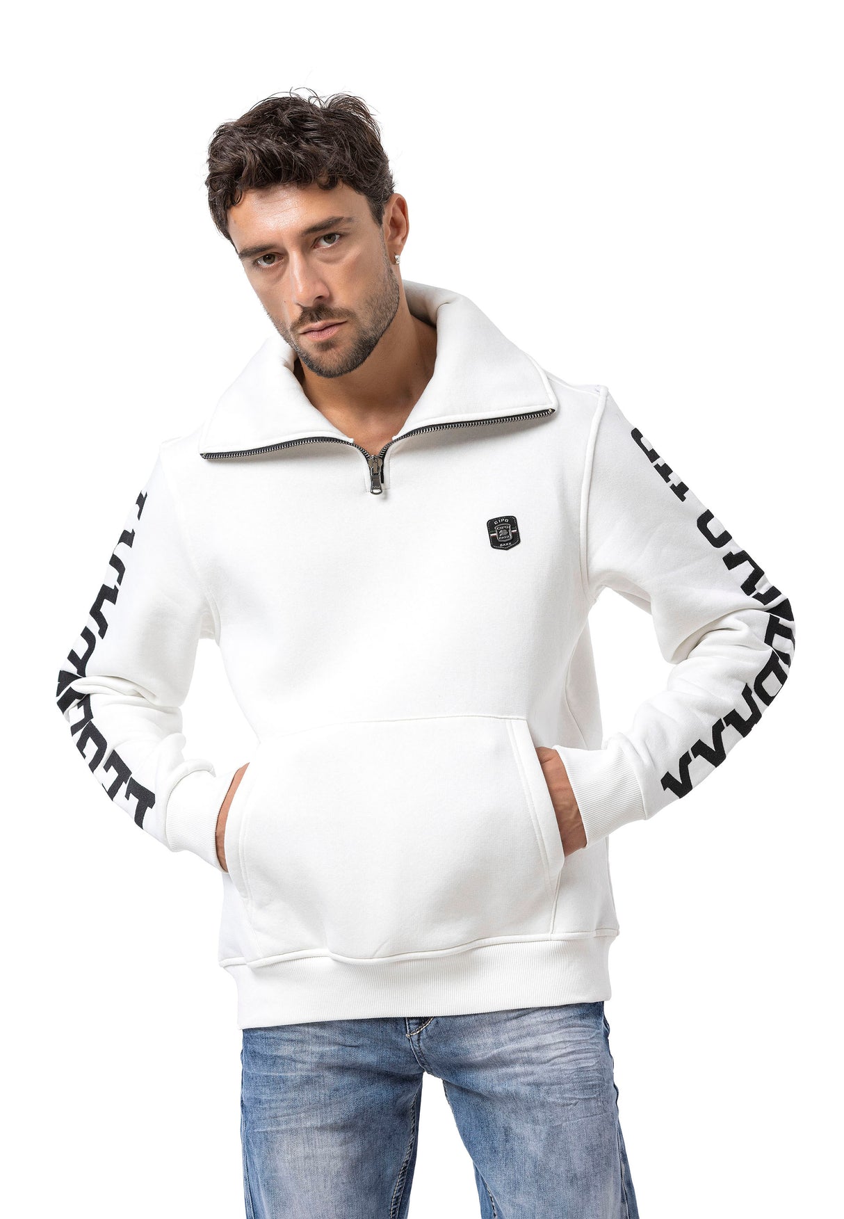 CL605 Herren Sweatshirt mit Reißverschlusskragen – Schwarzer Half-Zip Pullover mit „LEGENDARY“-Ärmelprint & Brustlogo | Sportlicher Streetwear-Look für Alltag & Freizeit