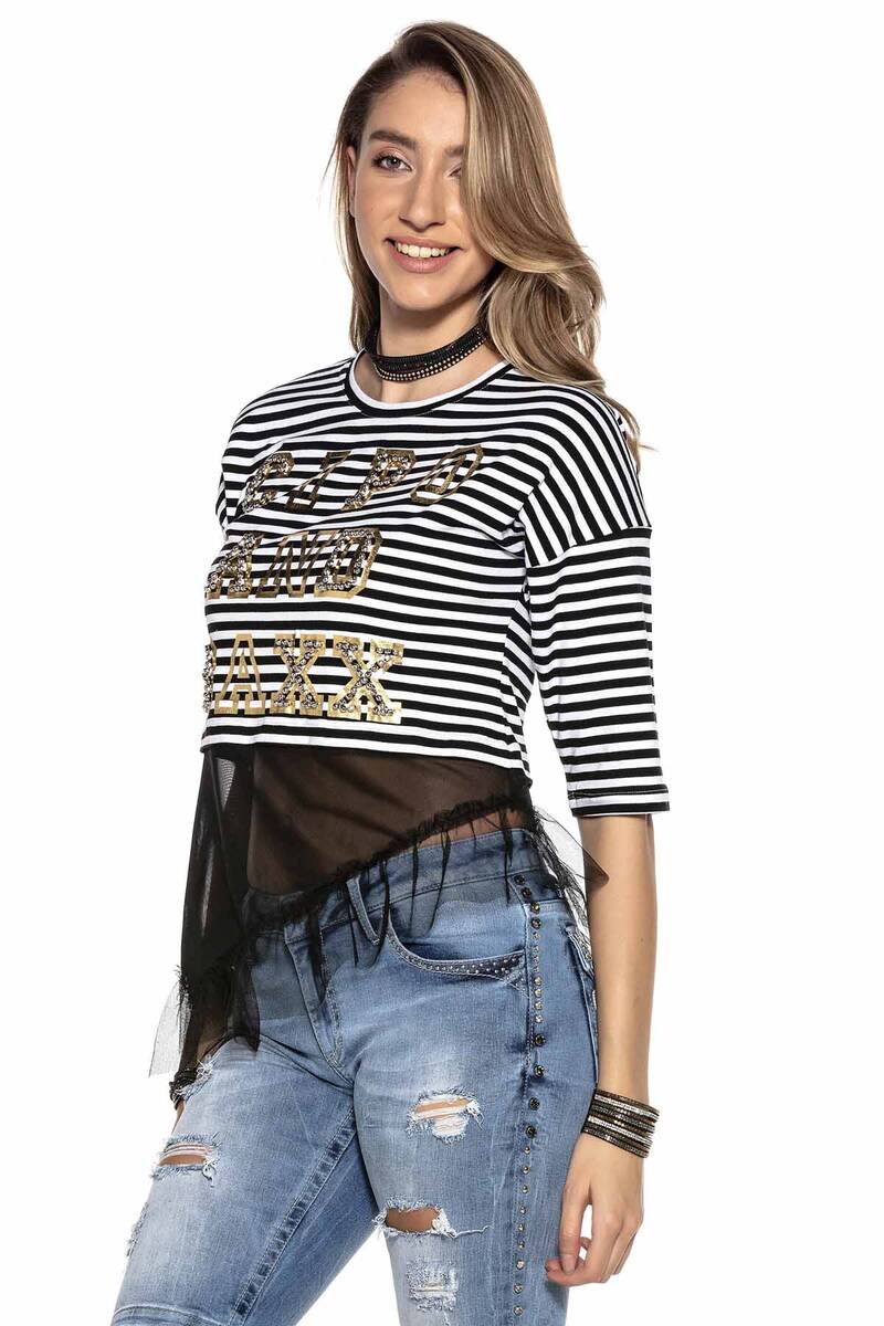 WT277 T-shirt damski z asymetryczną wstawką z siatki