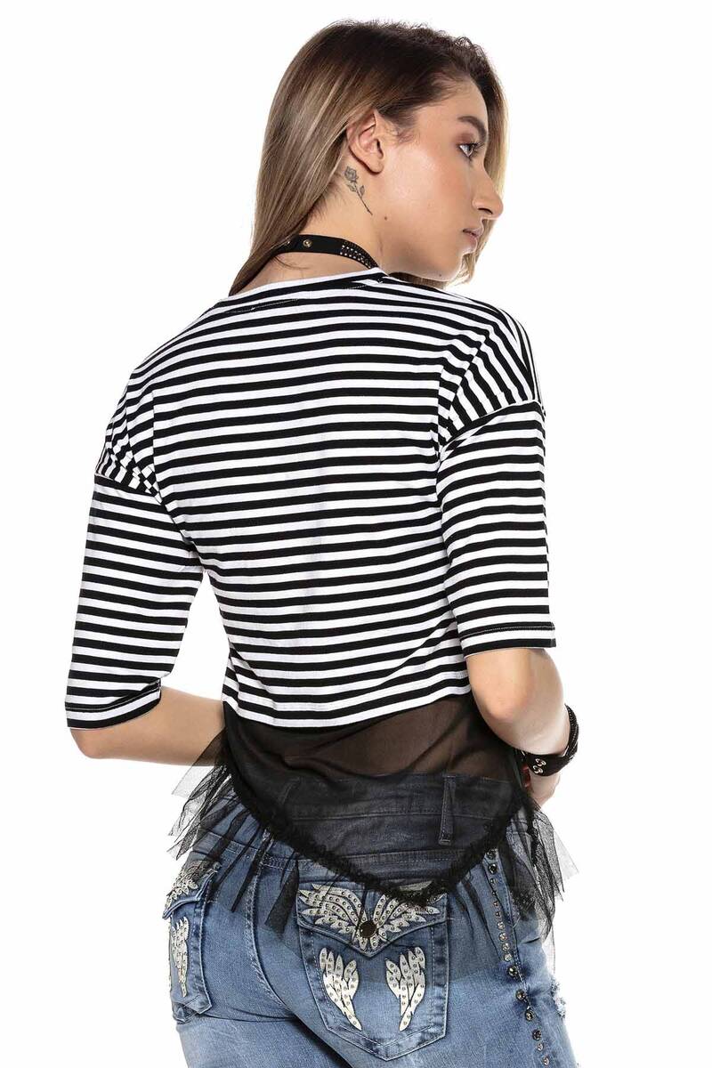 WT277 T-shirt damski z asymetryczną wstawką z siatki