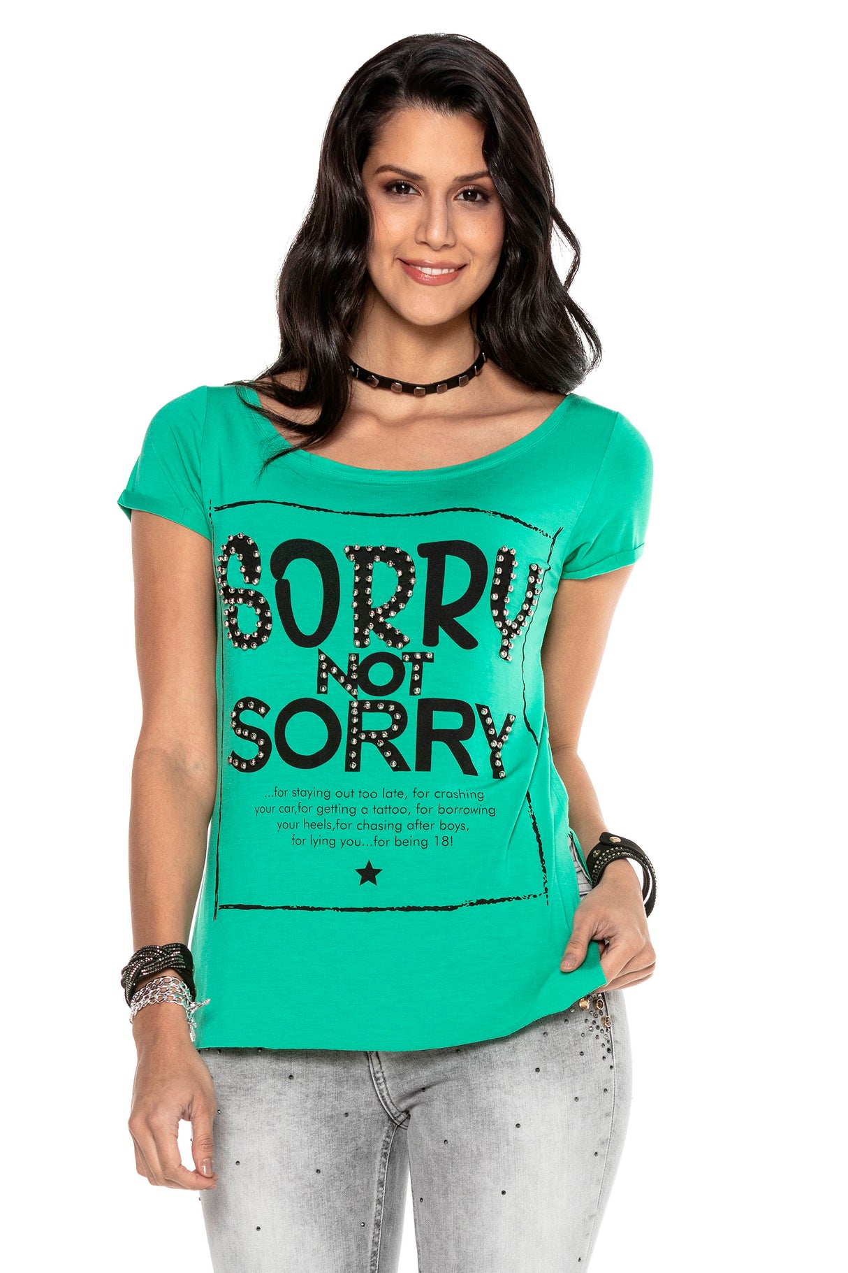 WT282 T-shirt damski z nadrukiem i kamieniami