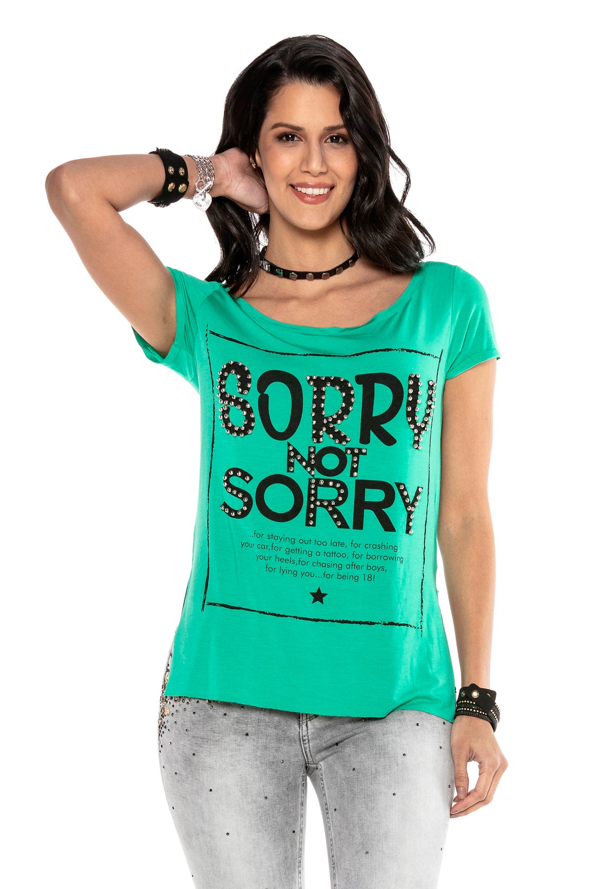 WT282 T-shirt damski z nadrukiem i kamieniami