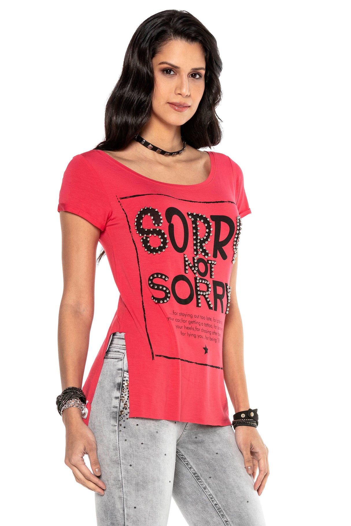 WT282 T-shirt damski z nadrukiem i kamieniami