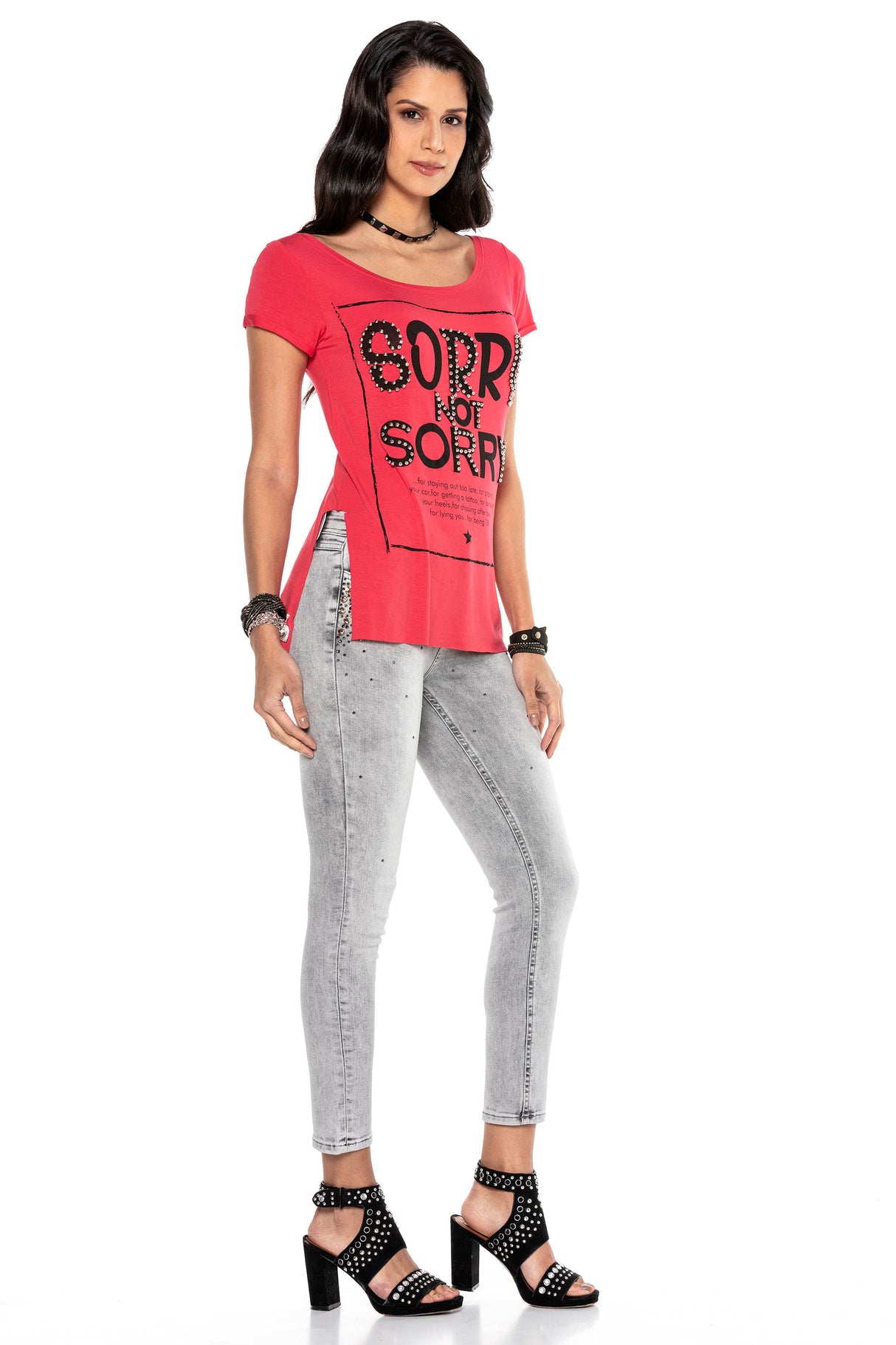 WT282 T-shirt damski z nadrukiem i kamieniami