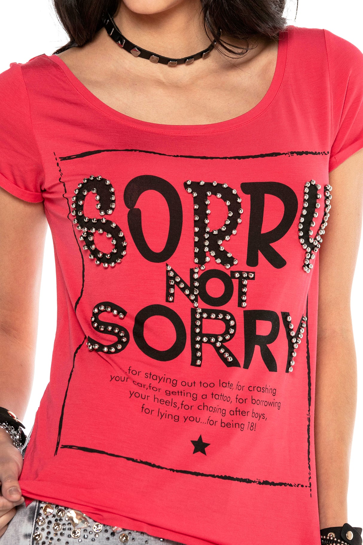 WT282 T-shirt damski z nadrukiem i kamieniami