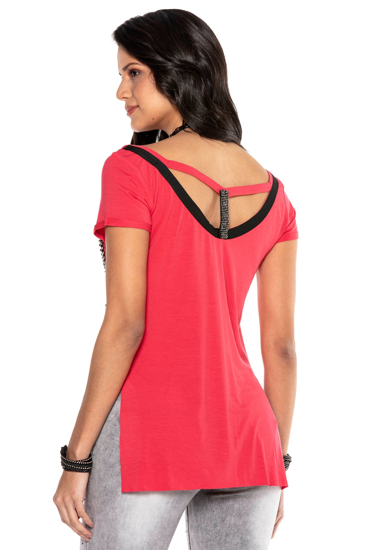 WT282 T-shirt damski z nadrukiem i kamieniami