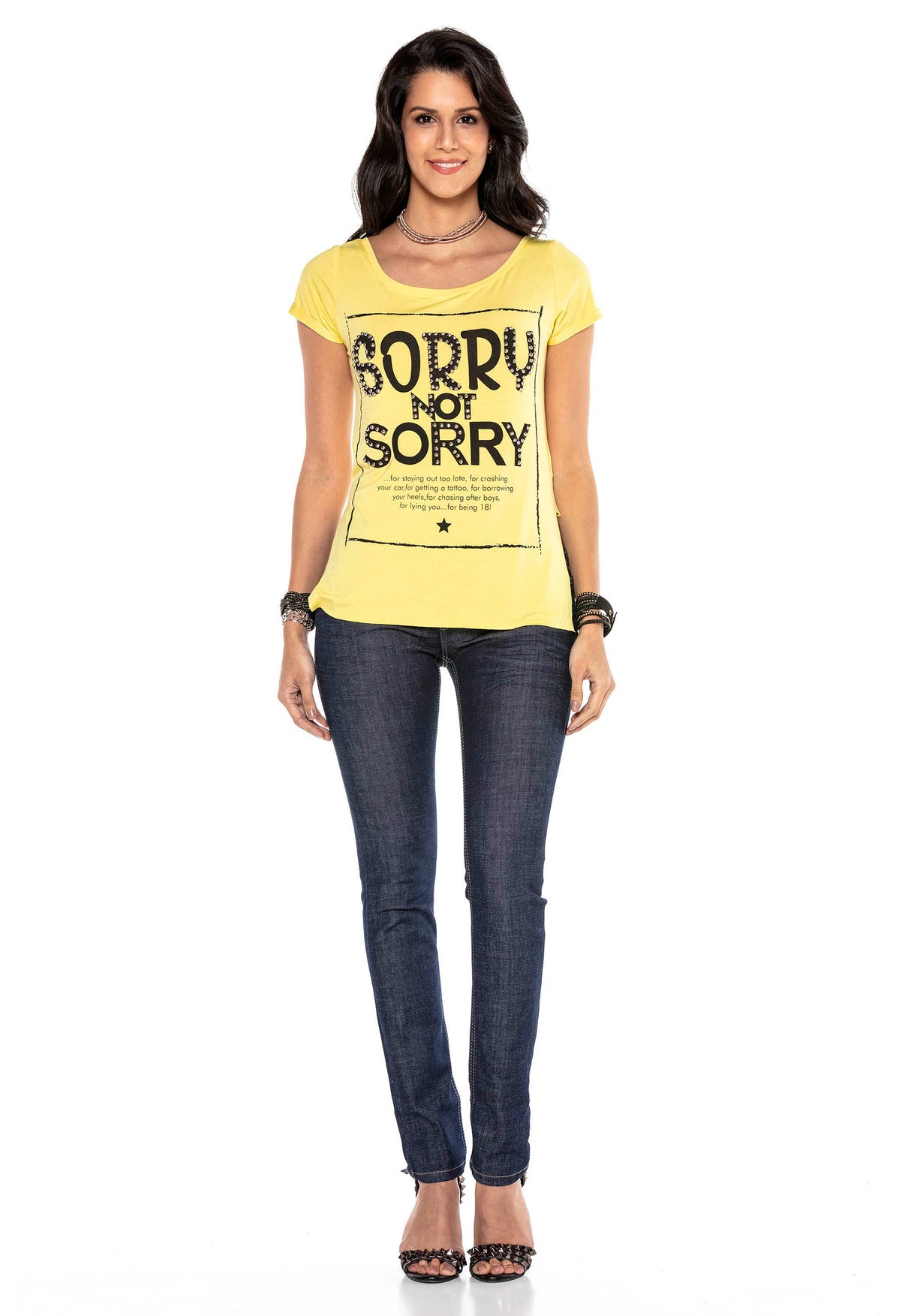 WT282 T-shirt damski z nadrukiem i kamieniami