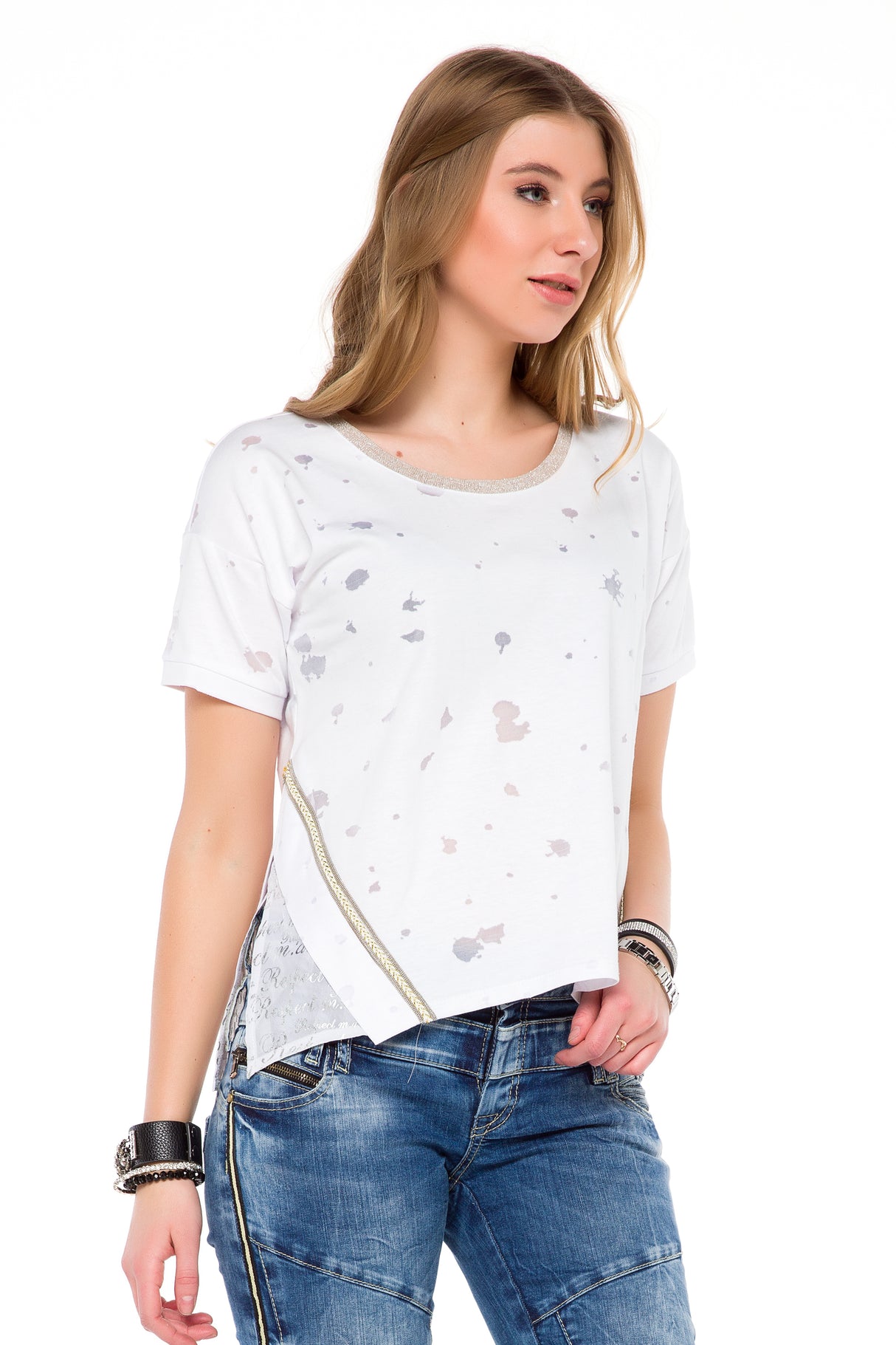 WT246 T-shirt damski z ozdobami