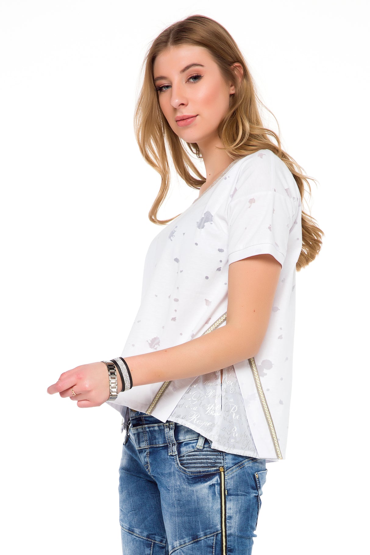 WT246 T-shirt damski z ozdobami