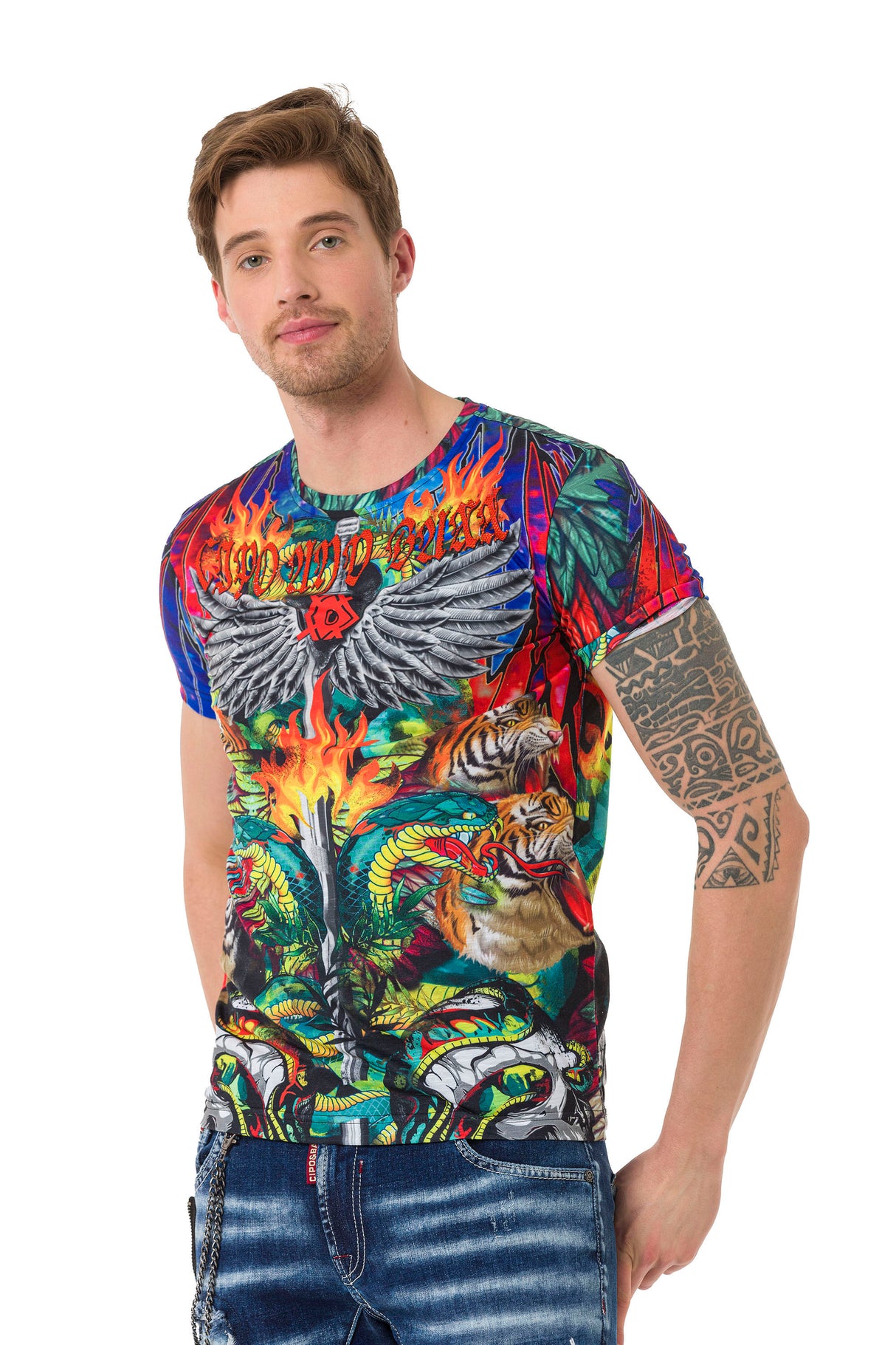 CT669 t-shirt męski z nadrukiem i kamieniami