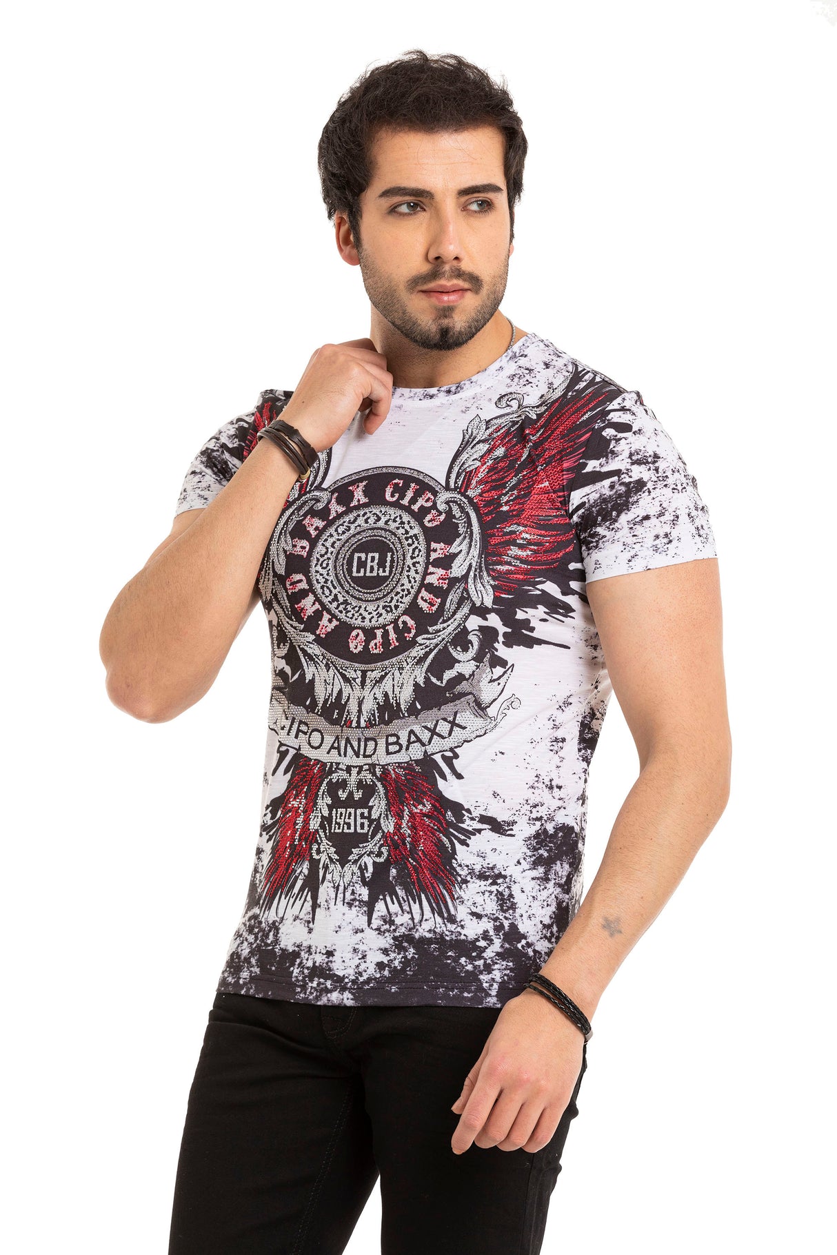 CT666 t-shirt męski z nadrukiem i kamieniami