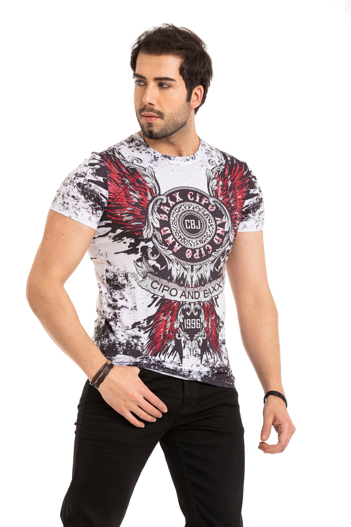 CT666 t-shirt męski z nadrukiem i kamieniami