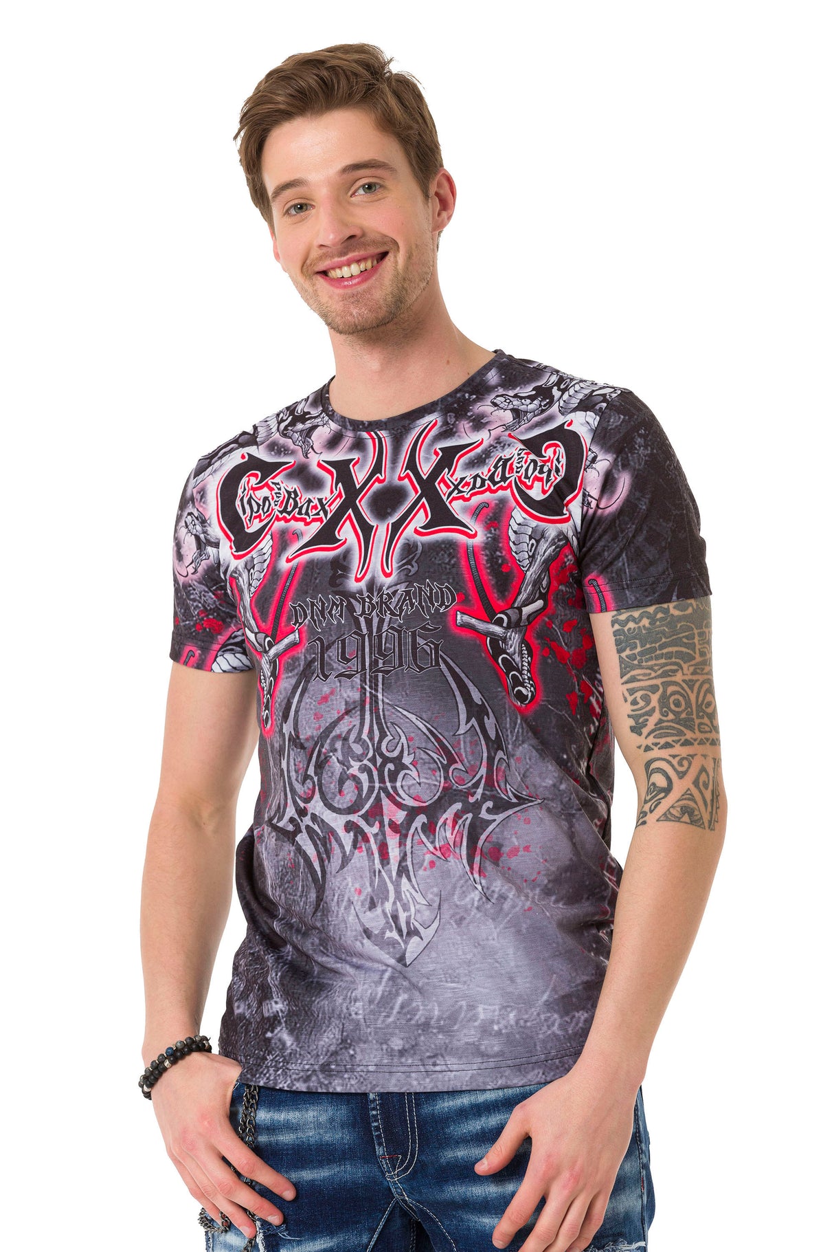 CT667 t-shirt męski z nadrukiem i kamieniami