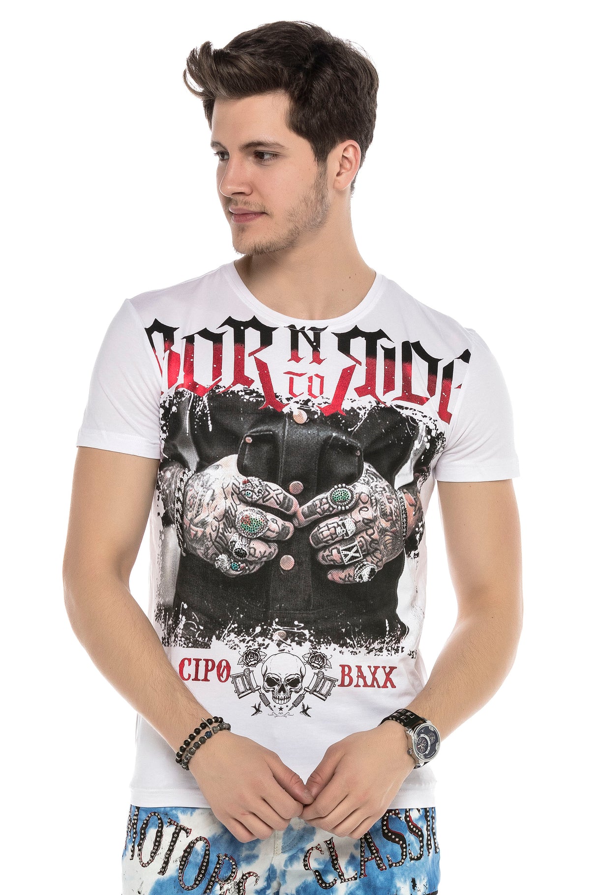 CT542 t-shirt męski z nadrukiem i kamieniami