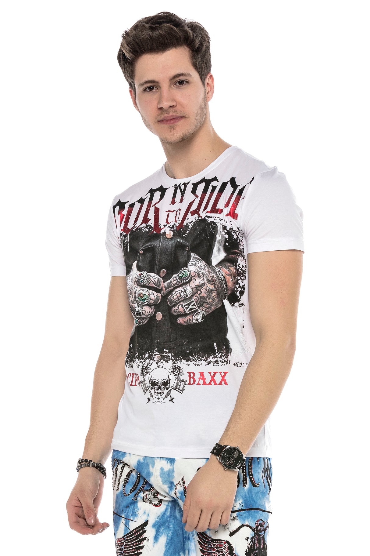 CT542 t-shirt męski z nadrukiem i kamieniami