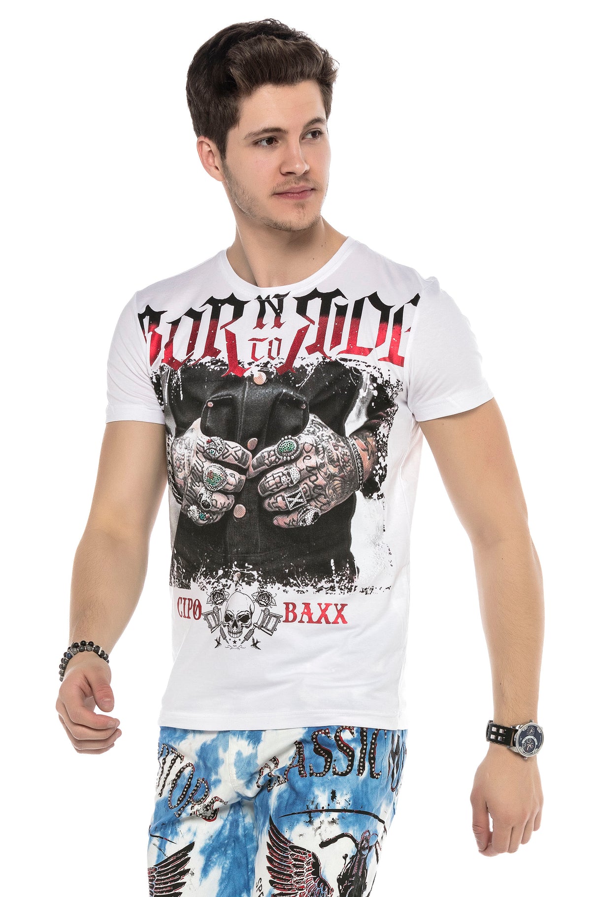 CT542 t-shirt męski z nadrukiem i kamieniami