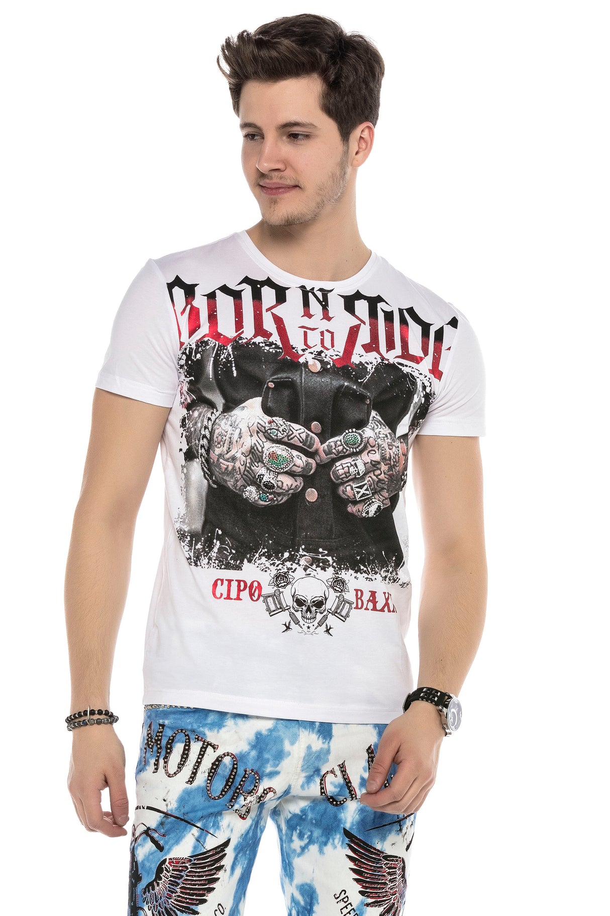 CT542 t-shirt męski z nadrukiem i kamieniami