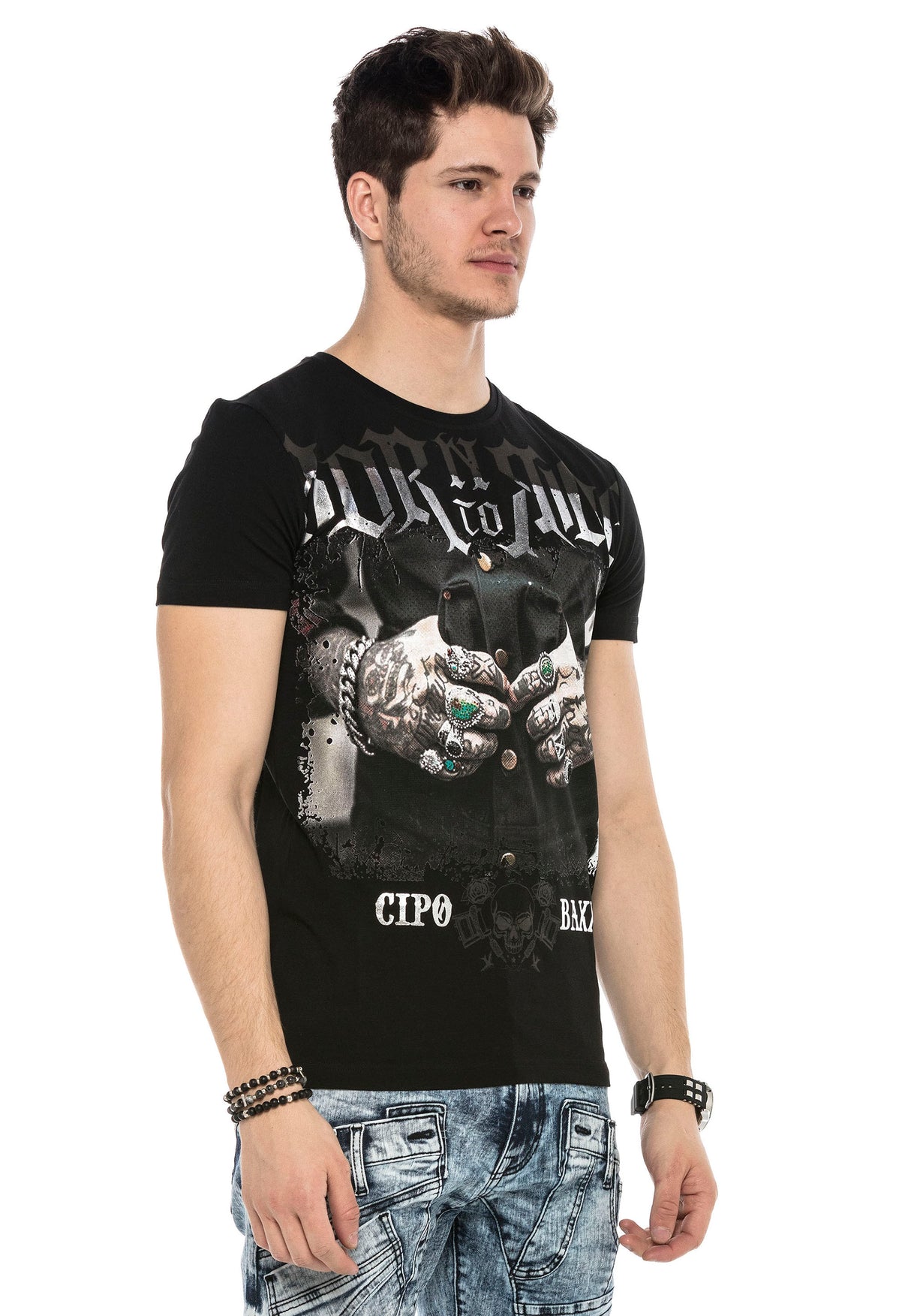 CT542 t-shirt męski z nadrukiem i kamieniami