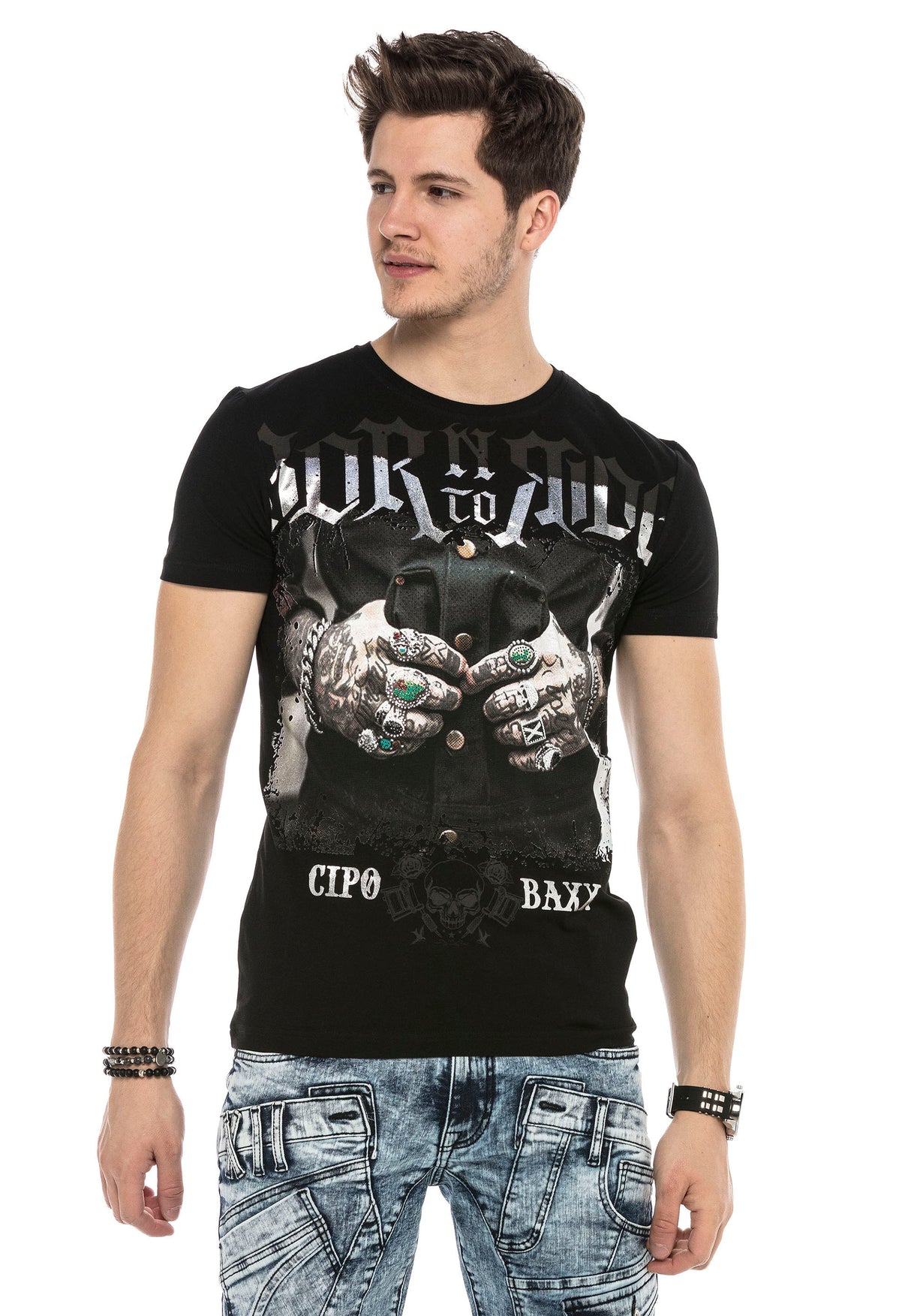 CT542 t-shirt męski z nadrukiem i kamieniami