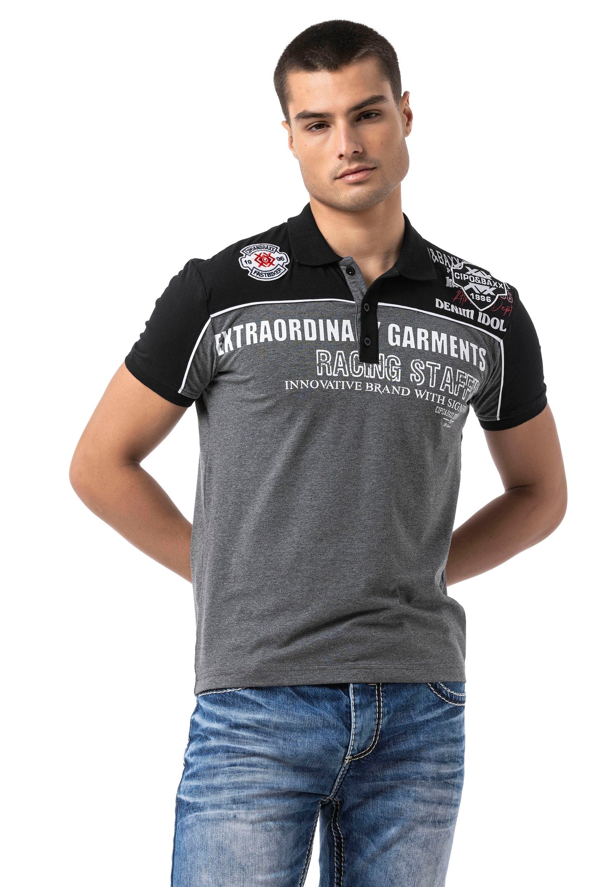 CT803-t-shirt męski polo z nadrukiem i aplikacją