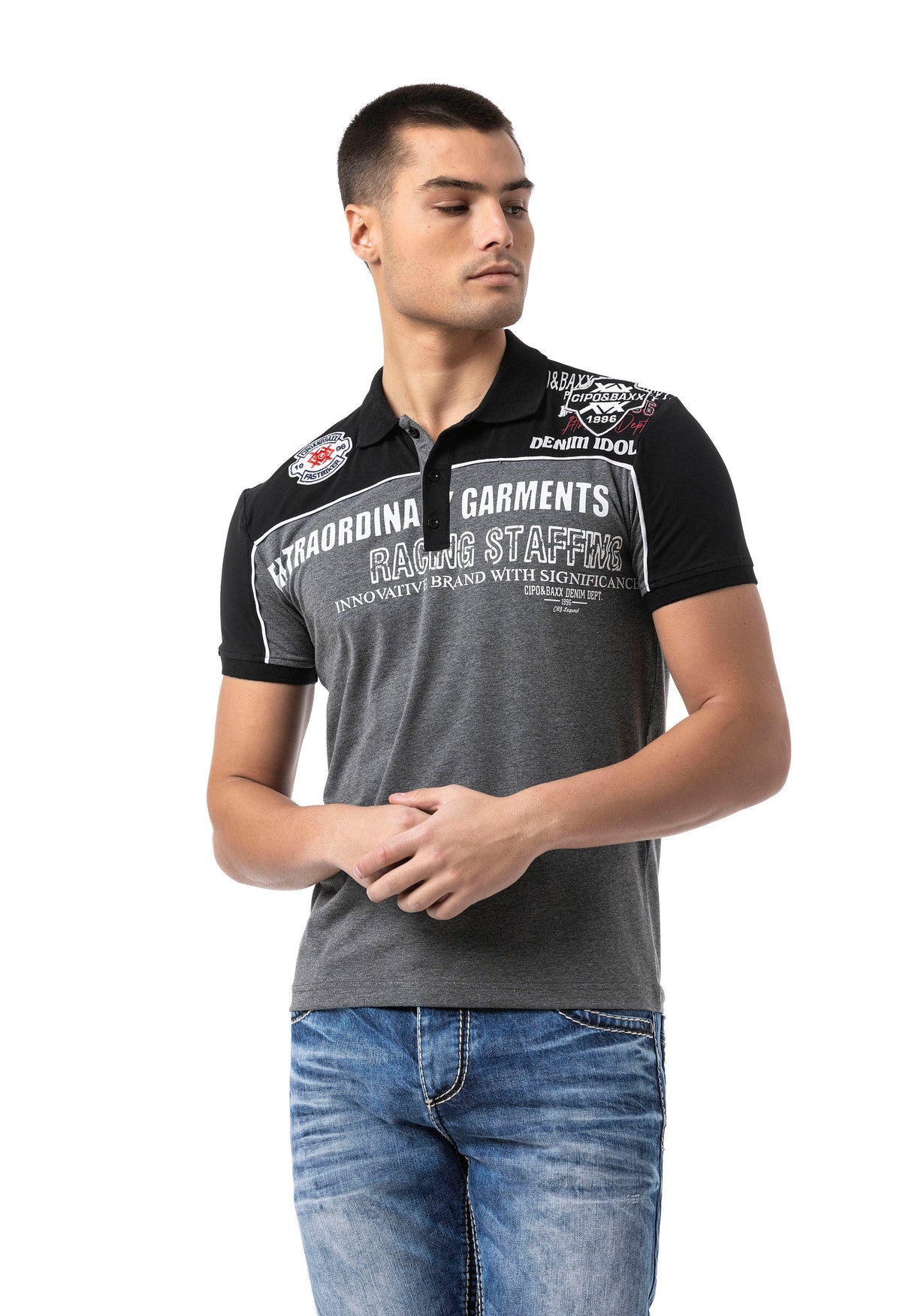 CT803-t-shirt męski polo z nadrukiem i aplikacją