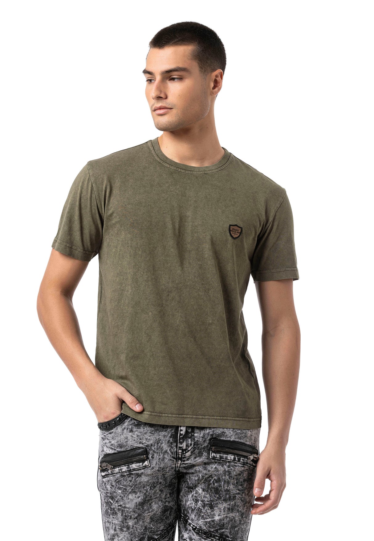 CT808 T-shirt męski Relax Fit ze spraniem i naszywką