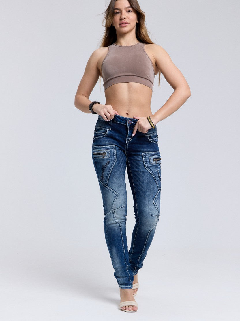 WD200B Damen bequeme Jeans mit niedriger Taille in Skinny Fİt