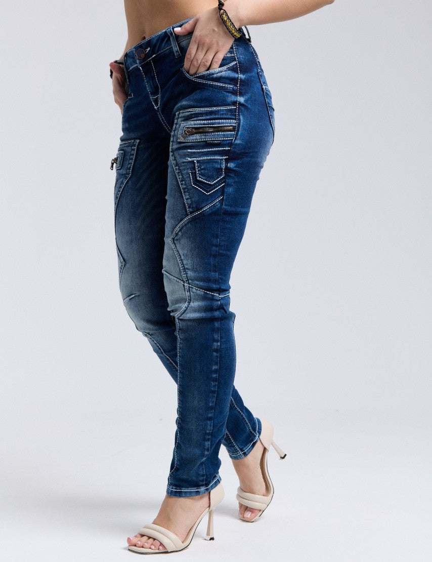 WD200B Mujeres cómodas jeans con una cintura baja en FIT del flaco