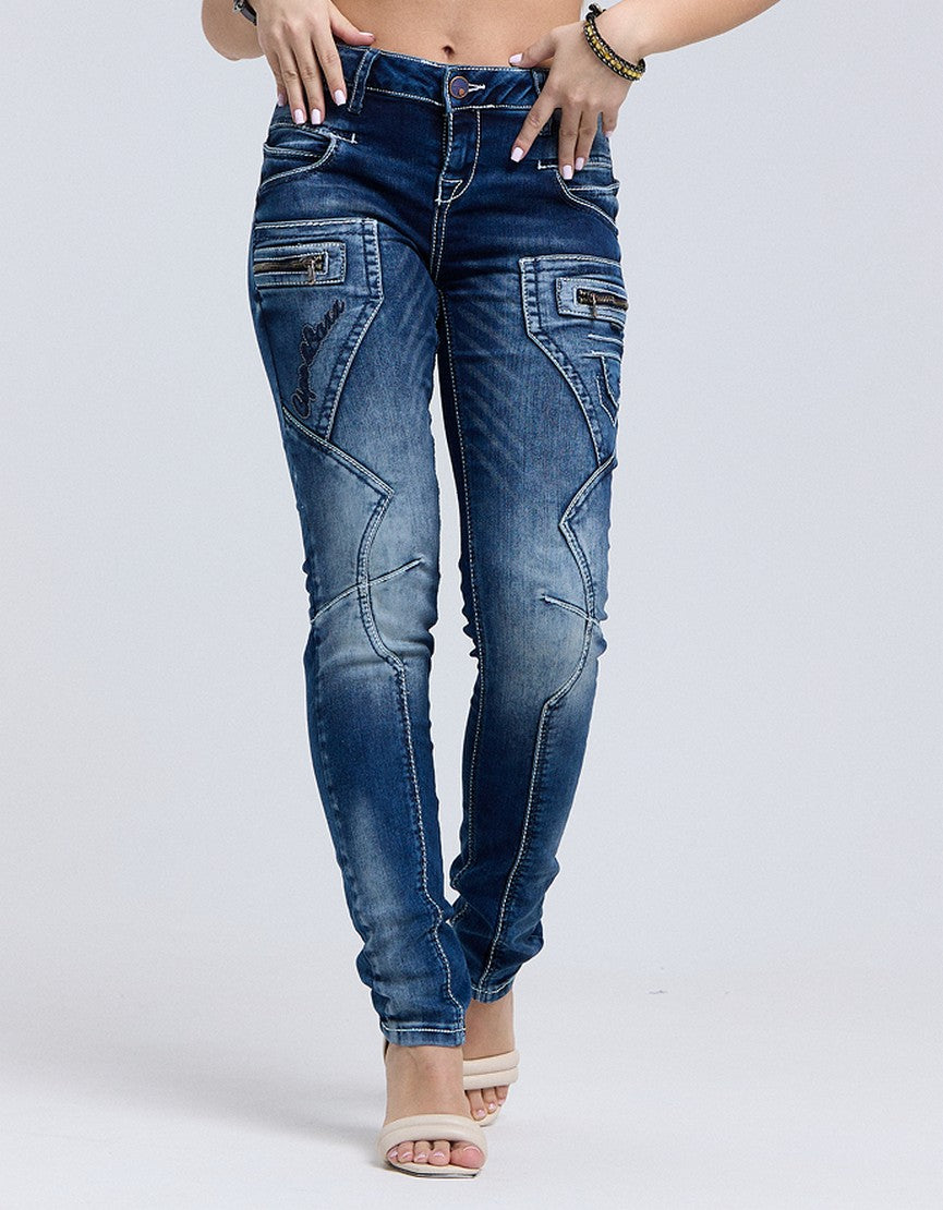 WD200B Mujeres cómodas jeans con una cintura baja en FIT del flaco